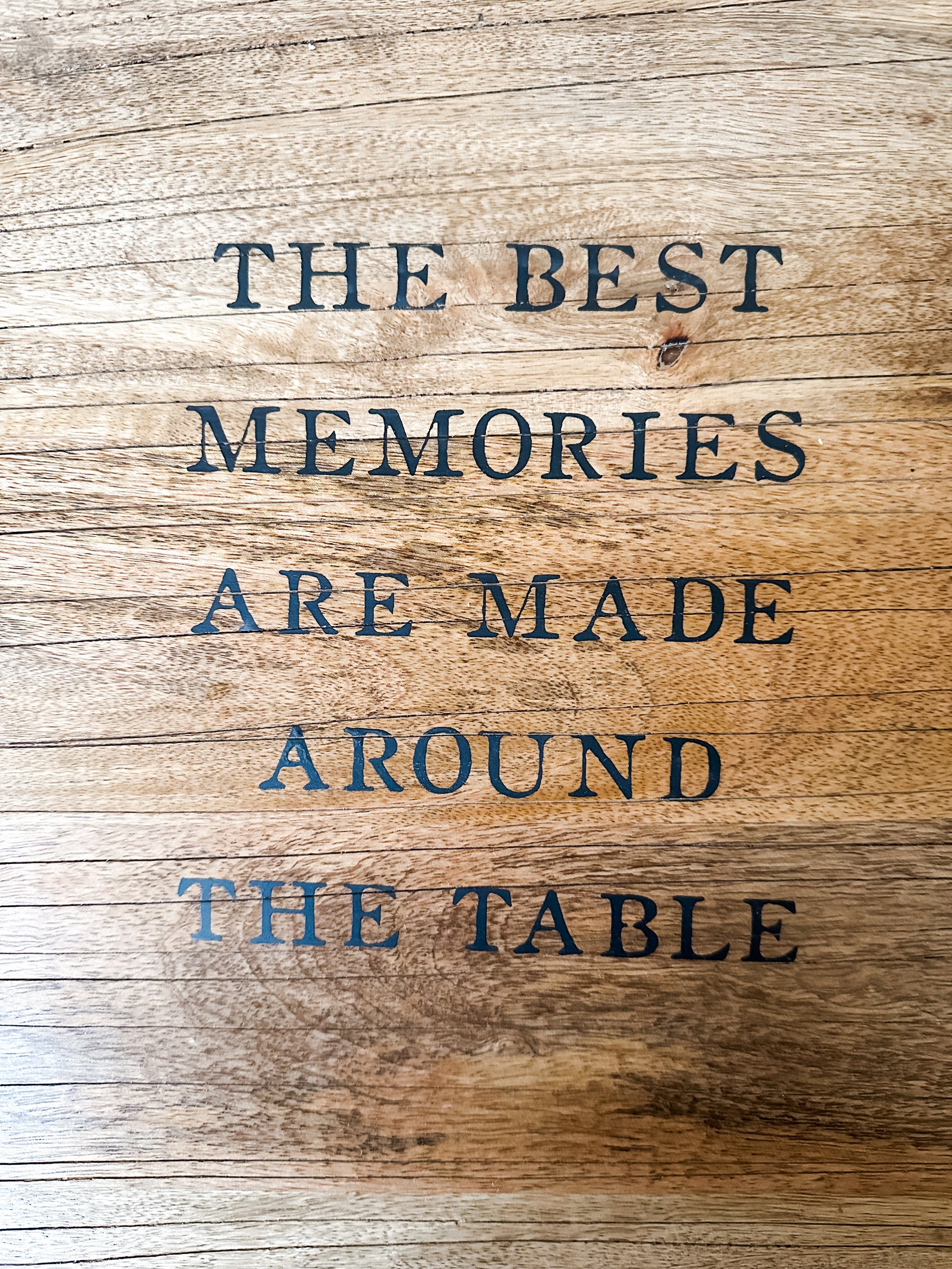 mango wood lazy susan with etched sentiment and metal handles at The Rustic Barn in Killingworth, CT