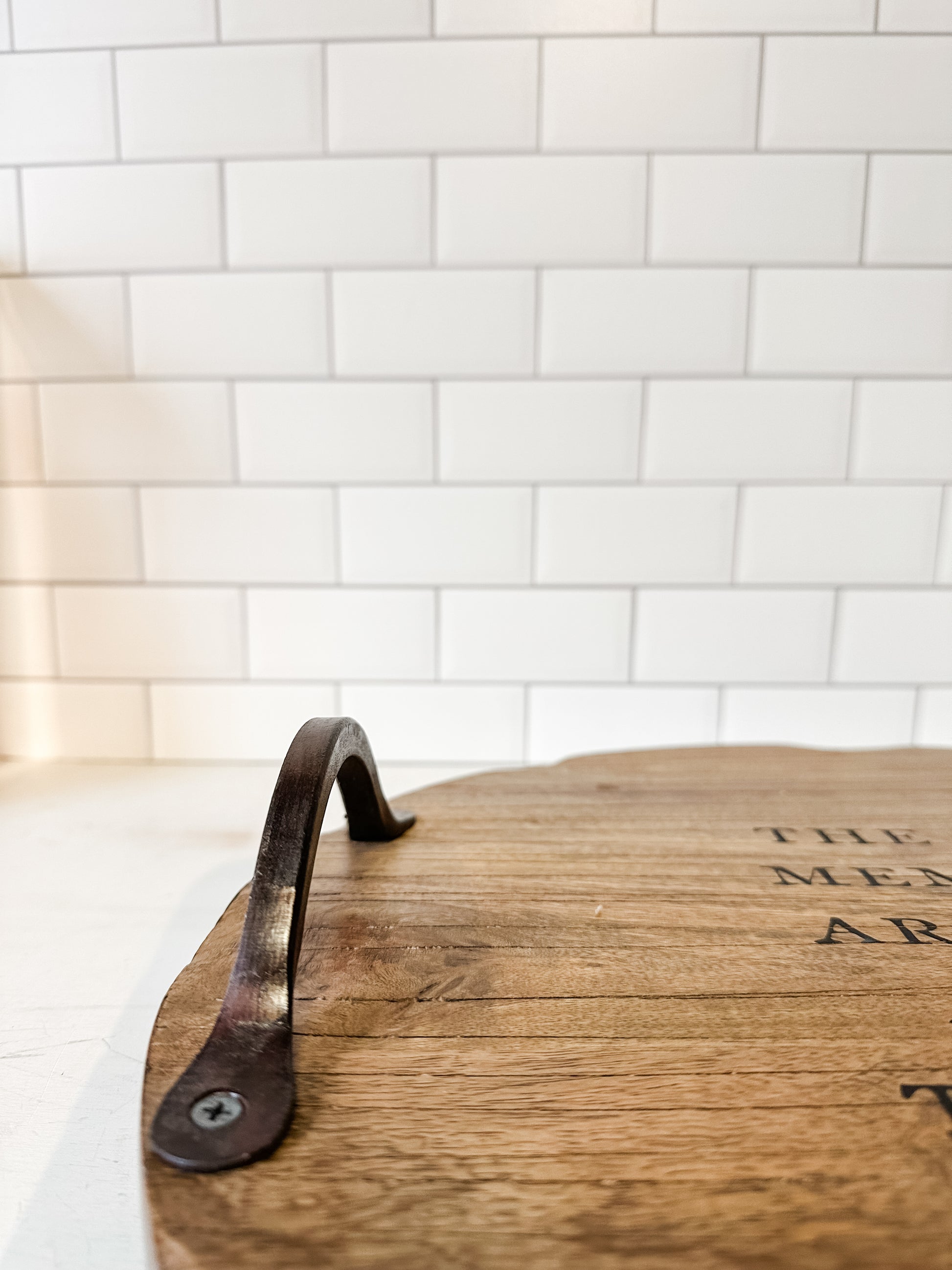 mango wood lazy susan with etched sentiment and metal handles at The Rustic Barn in Killingworth, CT