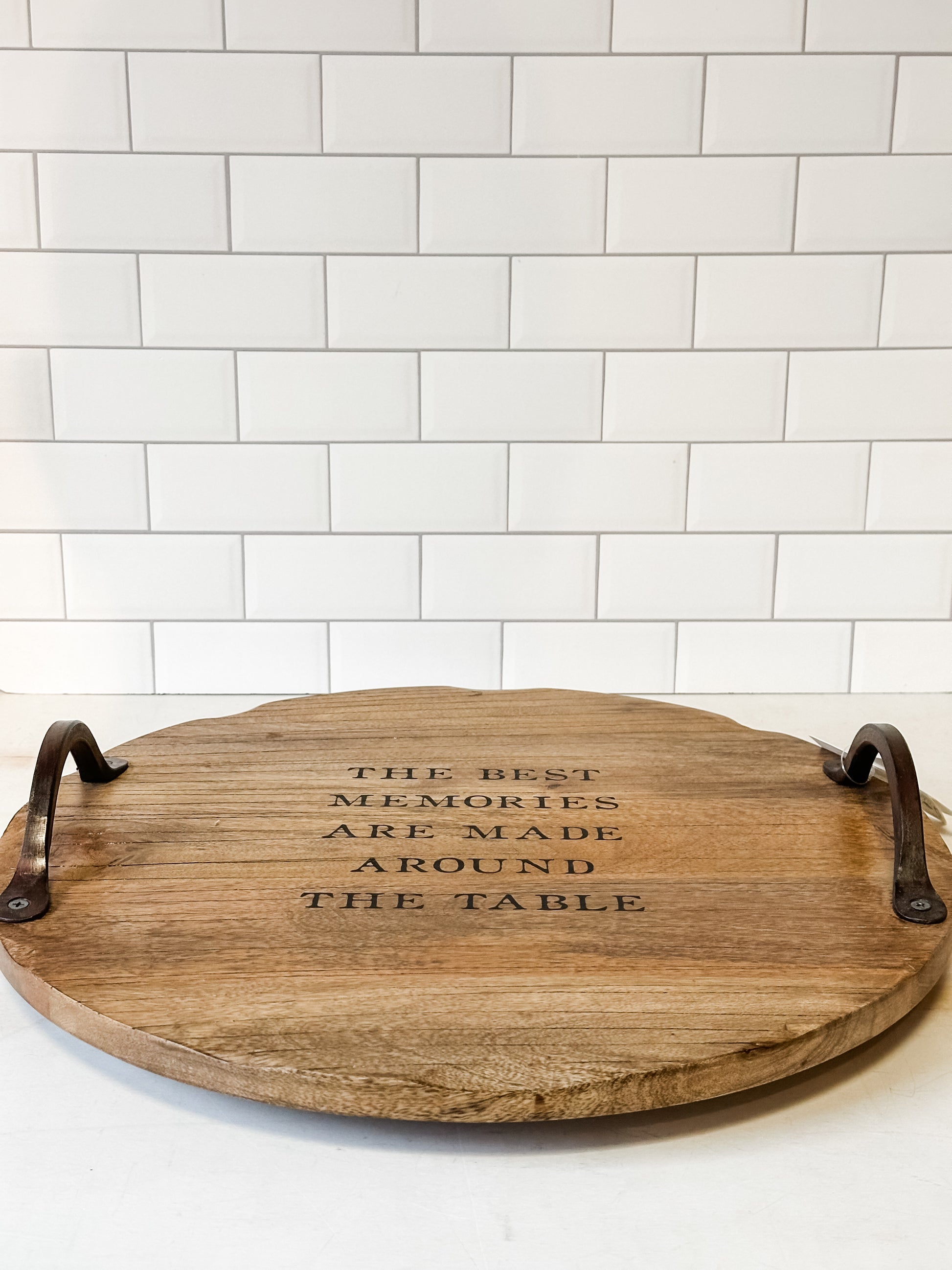 mango wood lazy susan with etched sentiment and metal handles at The Rustic Barn in Killingworth, CT