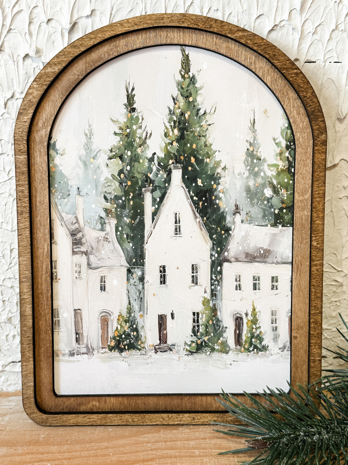 Arched Nordic Winter Village Print – Minimalist White Houses Holiday Wall Art (11" x 8.25")