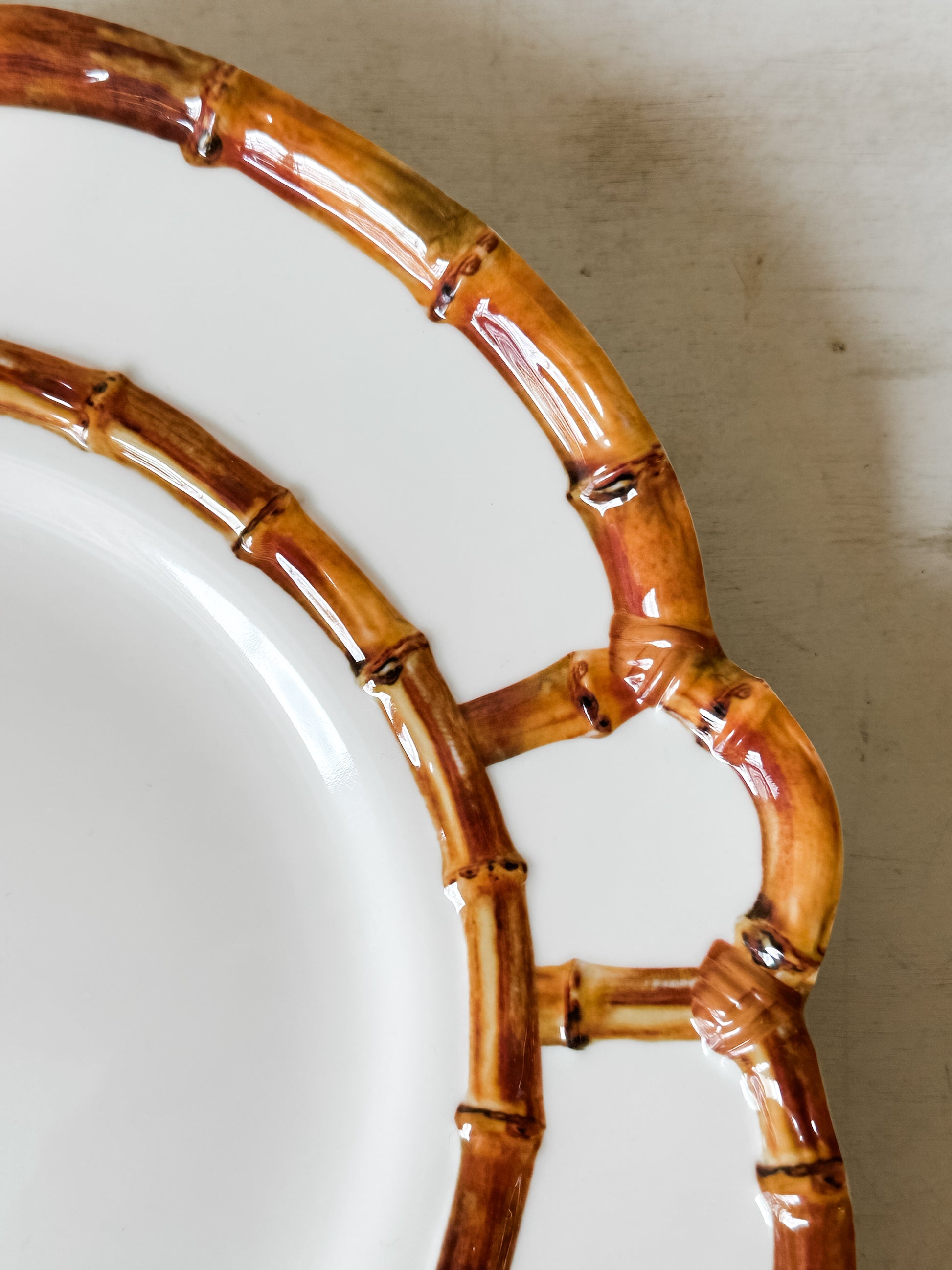 melamine dinner plate with bamboo style rim at The Rustic Barn in Killingworth, CT