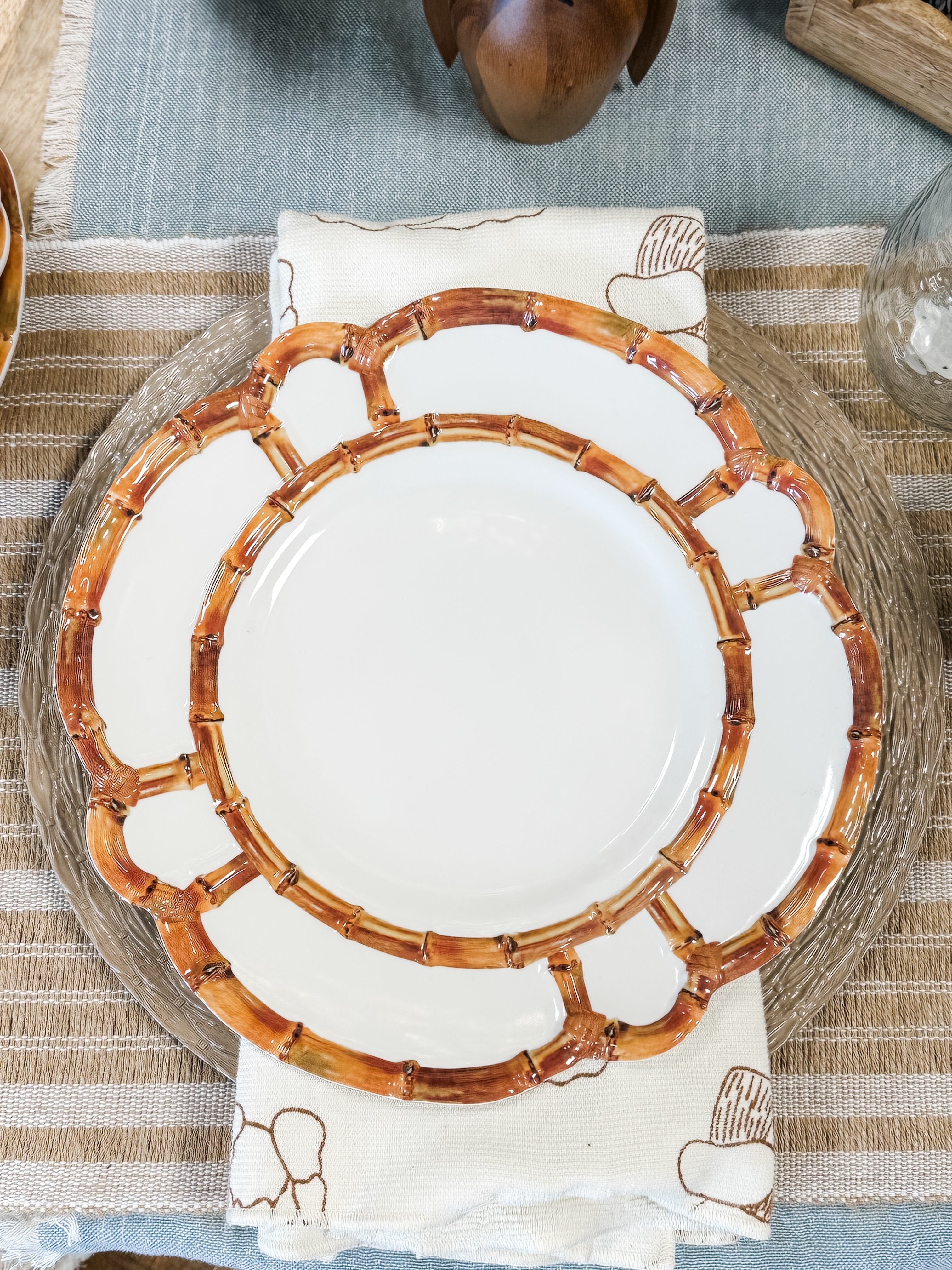 melamine dinner plate with bamboo style rim at The Rustic Barn in Killingworth, CT