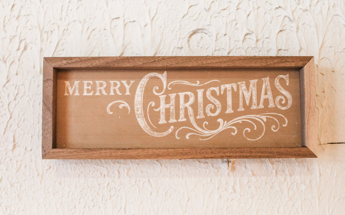 merry christmas written graphic wooden sign for the holidays simple and cute white lettering brown background neutral for sale at the rustic barn in killingworth, CT