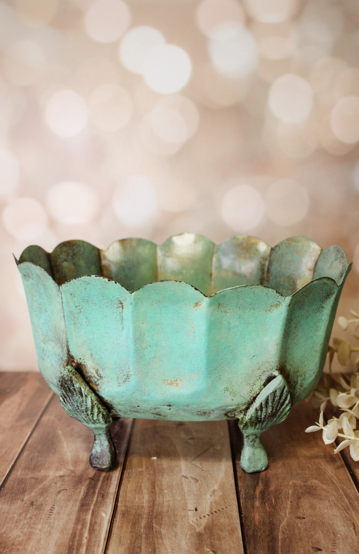 Metal green rustic vintage scalloped edge green planters for holidays and christmas for sale at the rustic barn in Killingworth, CT