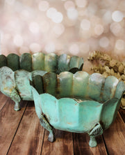 Metal green rustic vintage scalloped edge green planters for holidays and christmas for sale at the rustic barn in Killingworth, CT