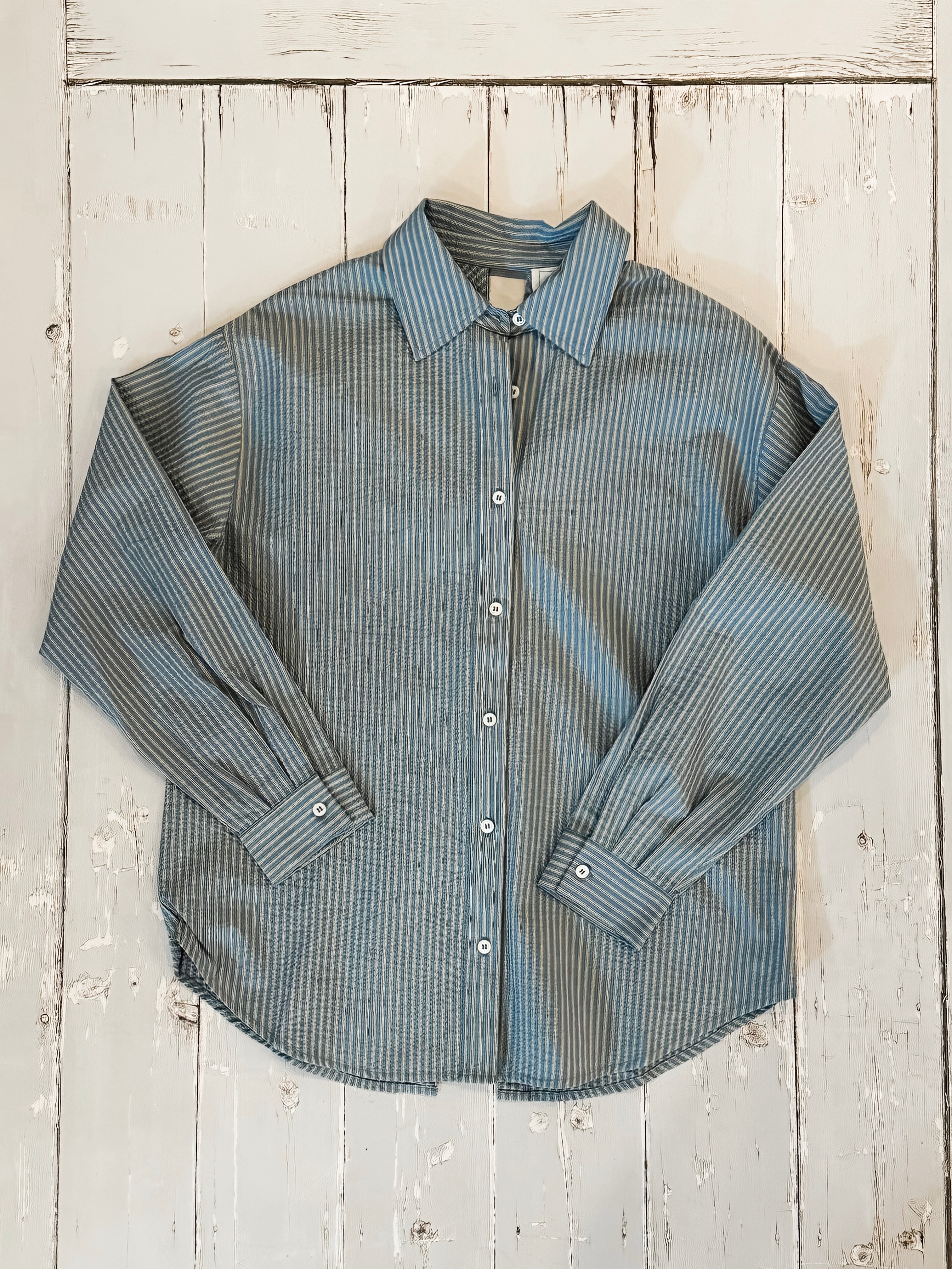 Microstripe Back Tie Oversized Button Down Shirt at the Rustic Barn in Killingworth, CT