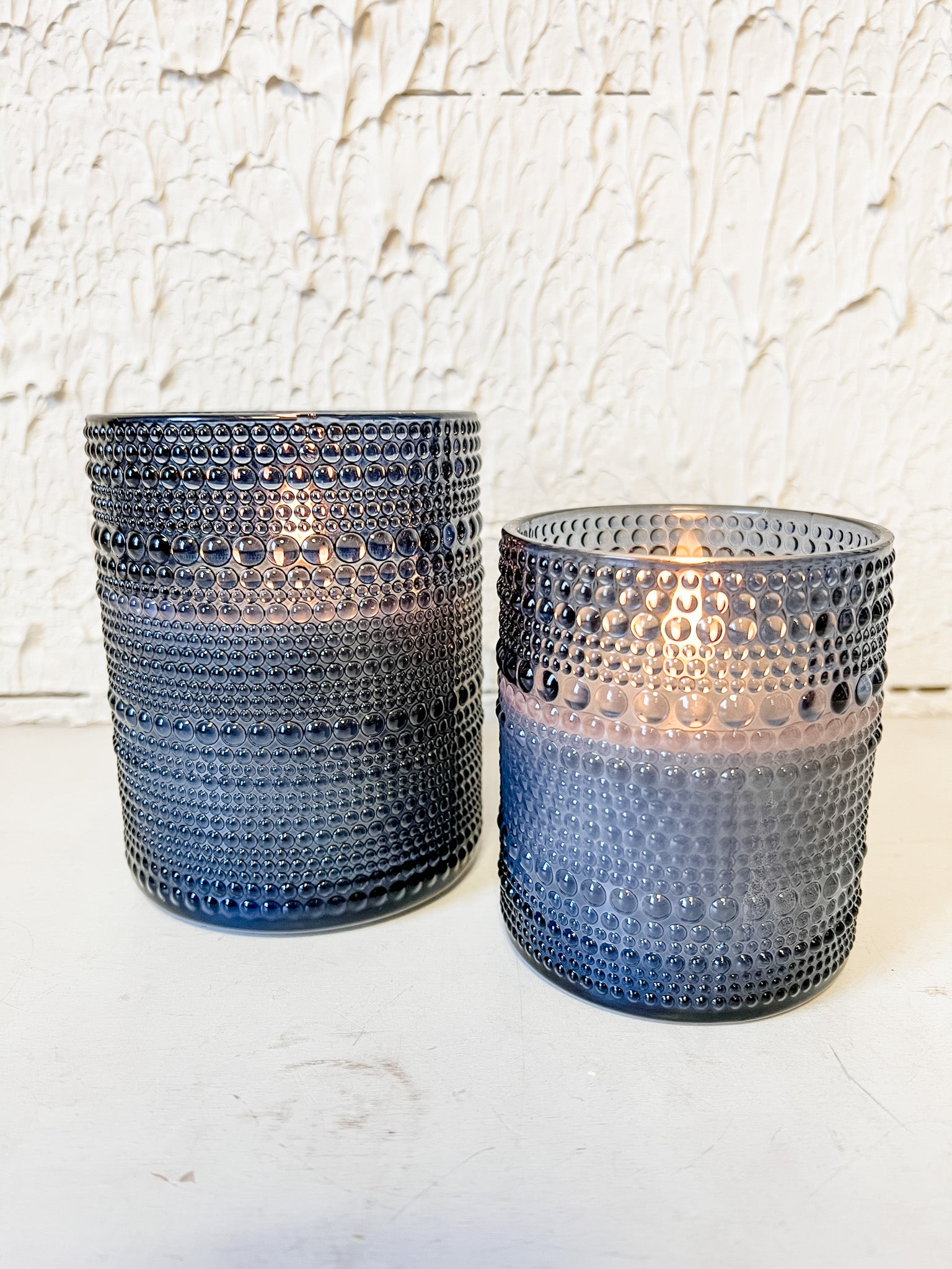 navy dotted glass faux candles in two sizes at the rustic barn in killingworth ct