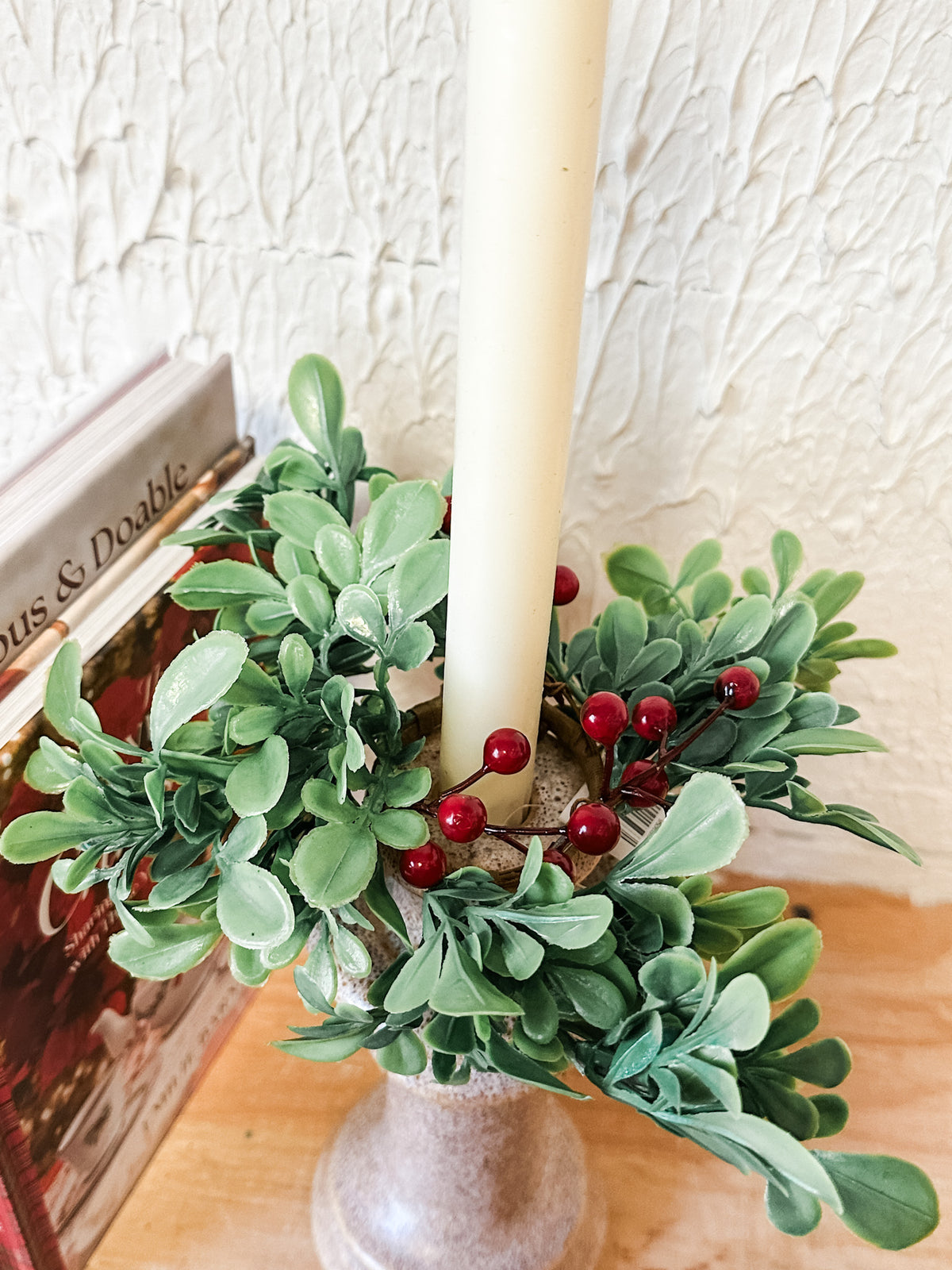 mini taper christmas candles made with boxwood and red holiday berries for sale at the rustic barn in killingworth, CT