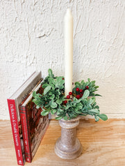mini taper christmas candles made with boxwood and red holiday berries for sale at the rustic barn in killingworth, CT