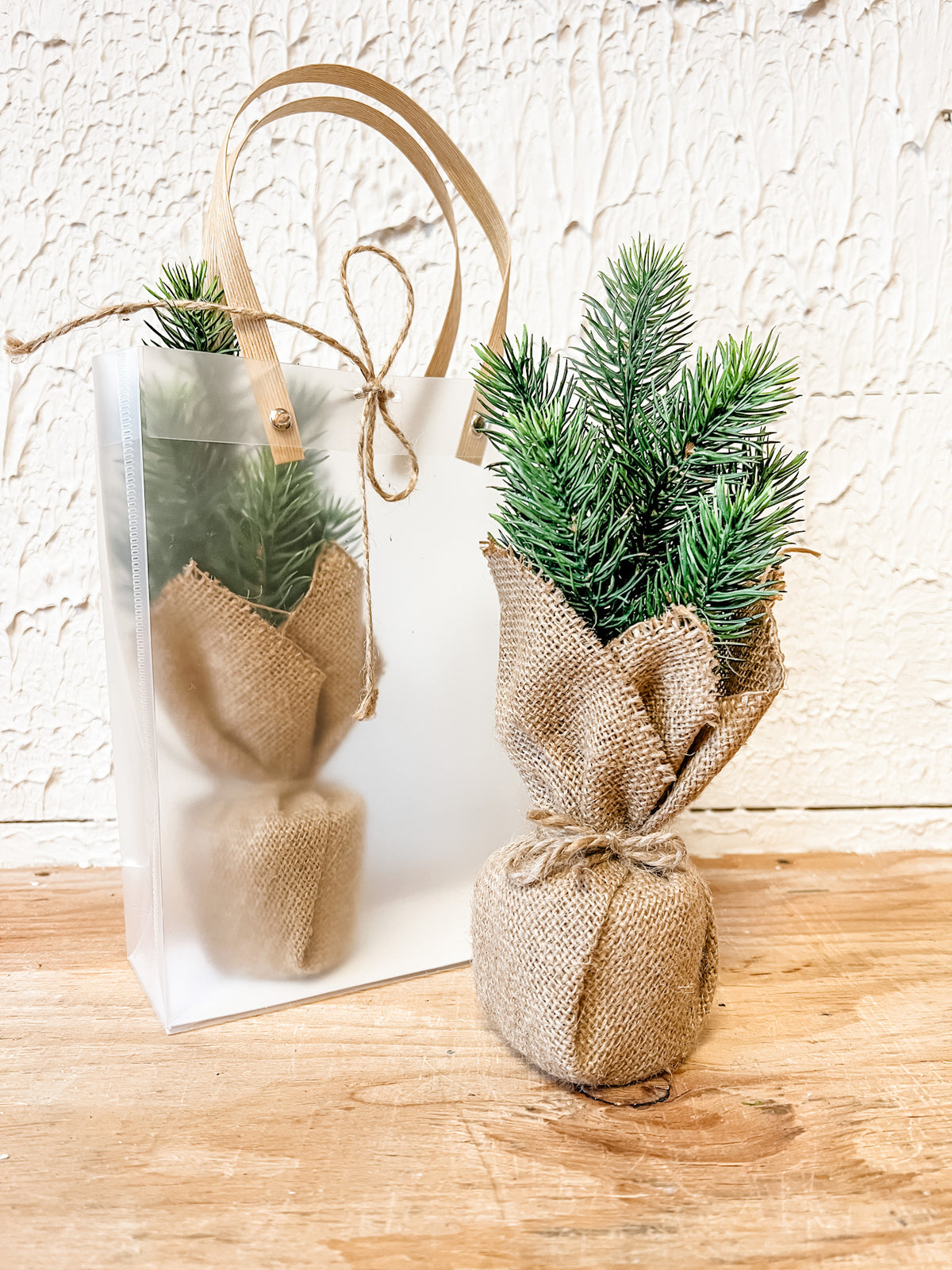 mini pine burlap trees in gift bag at the rustic barn in killingworth ct