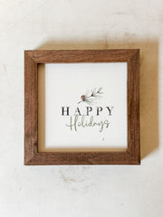 Mini wooden print of pine branch and Happy Holidays text at The Rustic Barn in Killingworth CT