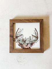 Mini wooden print of a watercolor Christmas deer with antlers and greenery at The Rustic Barn in Killingworth CT