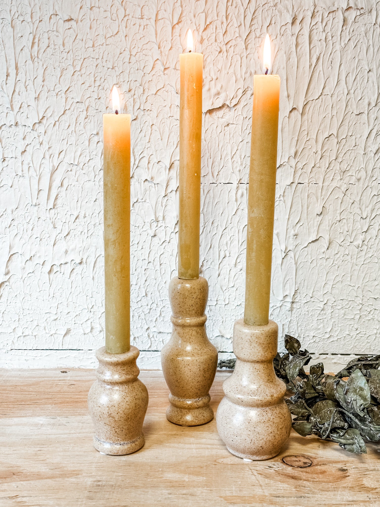 minimalist cream deco taper candle holder in 3 sizes at the rustic barn in killingworth ct