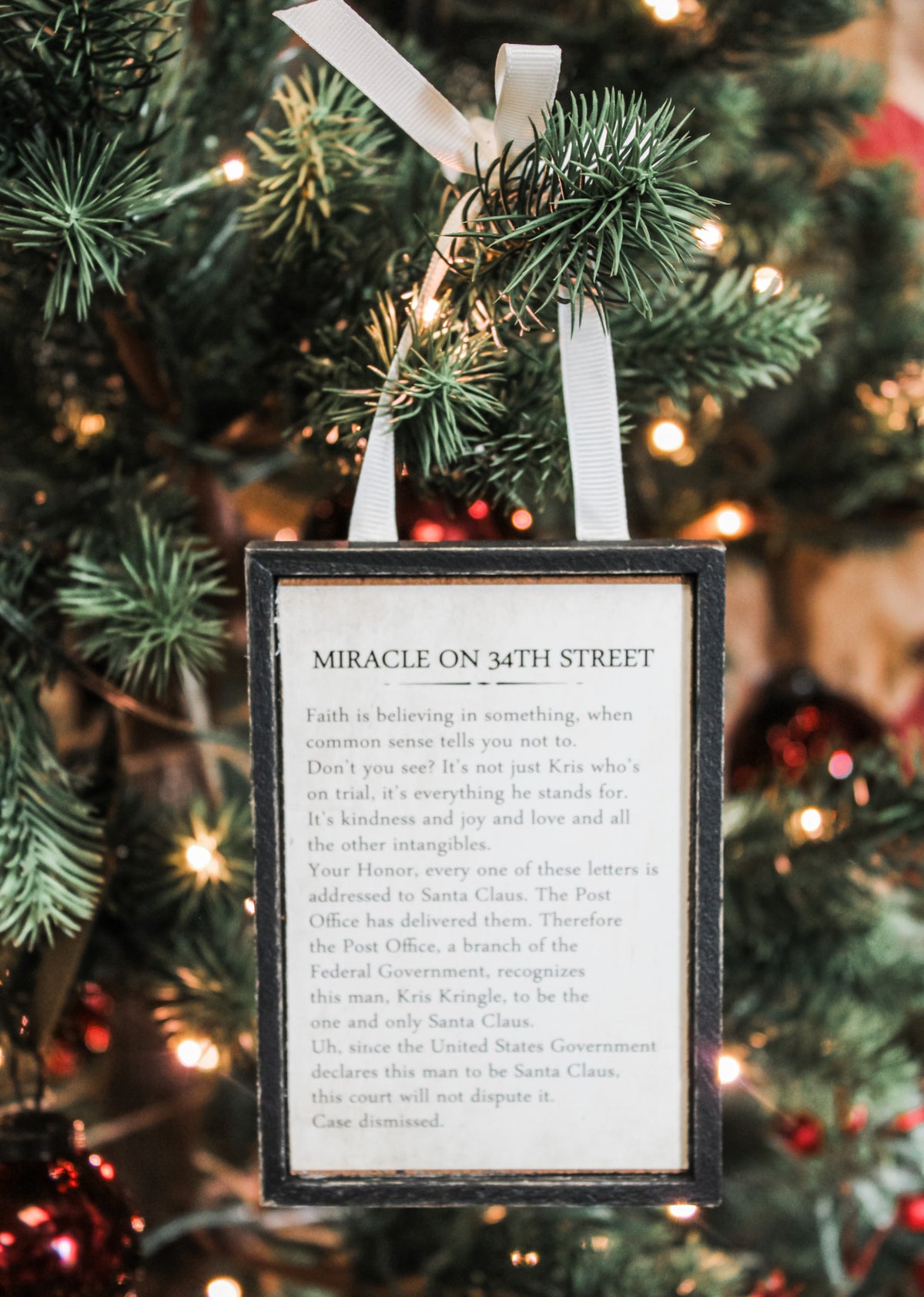 Miracle on 34th street wooden Christmas ornament for sale at the rustic barn in Killingworth ,CT