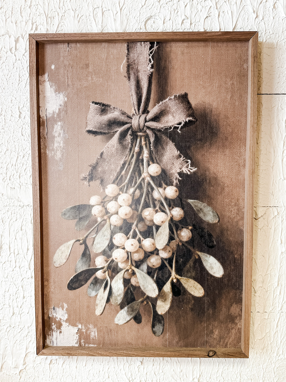 mistletoe rustic brown framed wall art for christmas for sale at the rustic barn in Killingworth, CT
