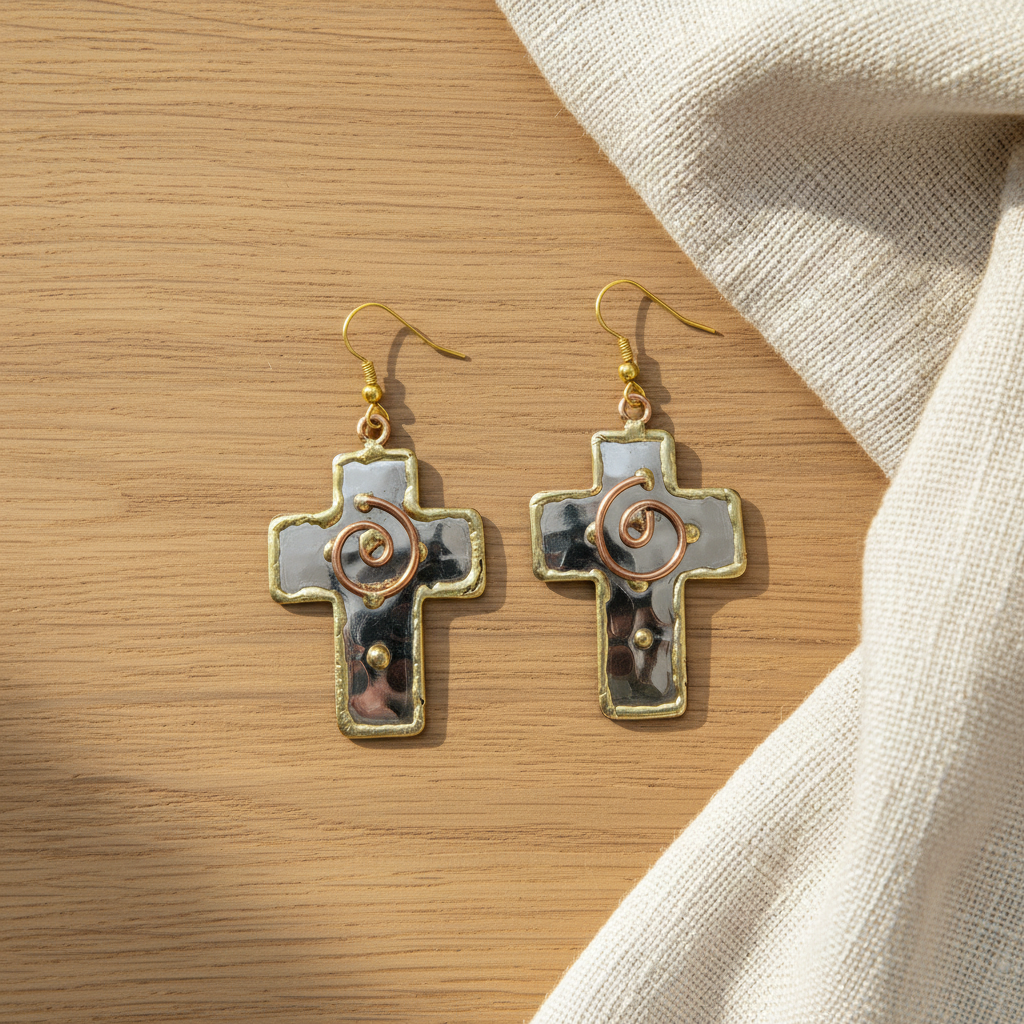mixed metal silver gold and copper cross earrings at the rustic barn in killingworth ct
