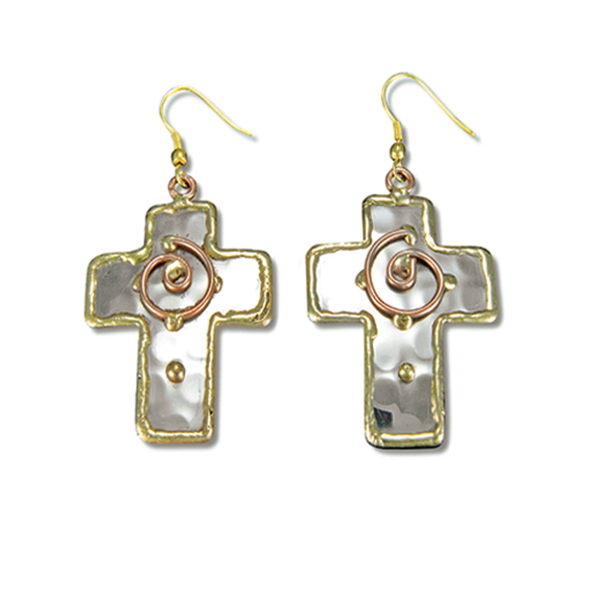 mixed metal silver gold and copper cross earrings at the rustic barn in killingworth ct