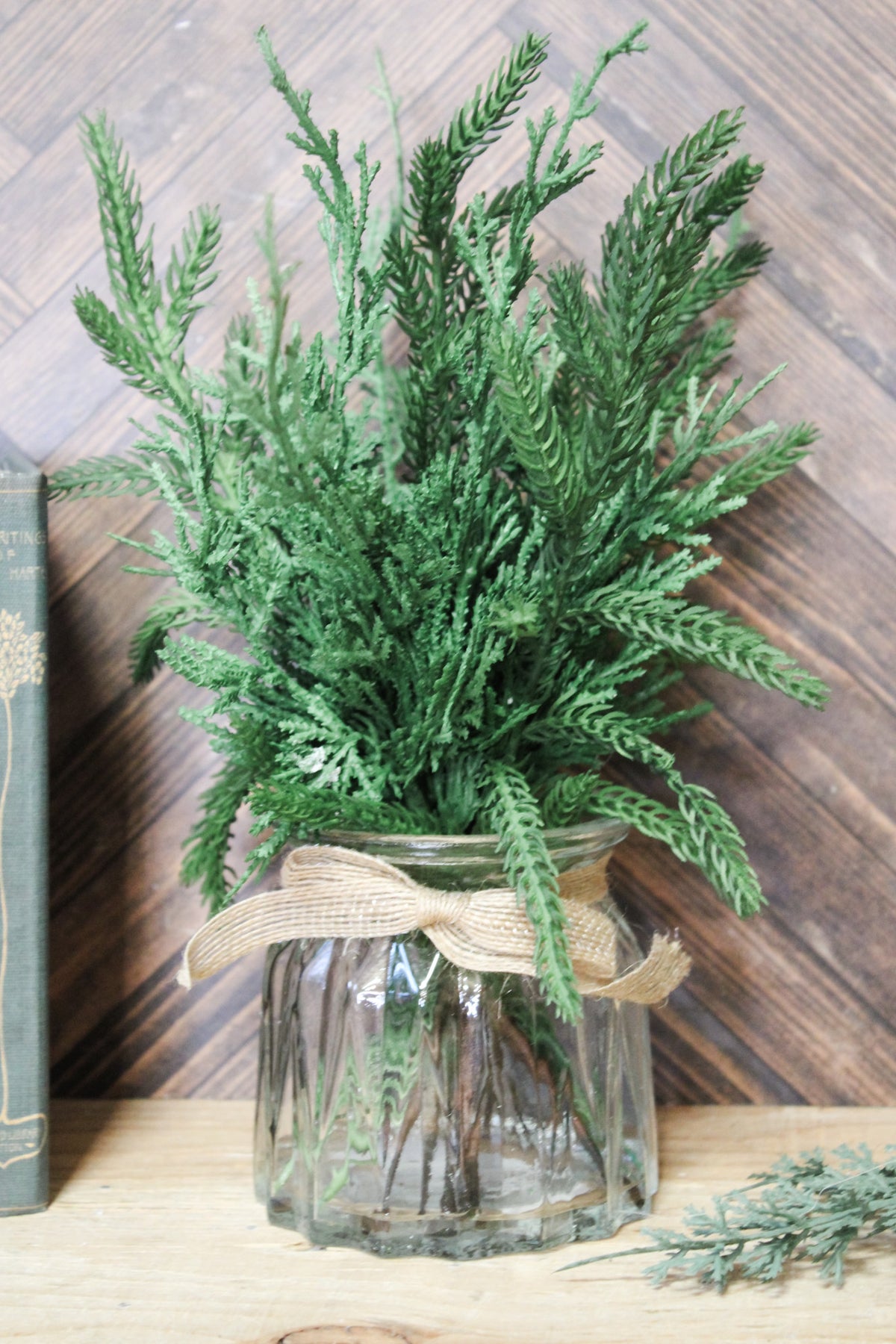 mixed pine arrangement in elegant glass vase for sale at the rustic barn in killingworth, CT for christmas