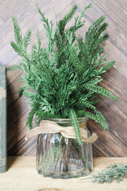 mixed pine arrangement in elegant glass vase for sale at the rustic barn in killingworth, CT for christmas