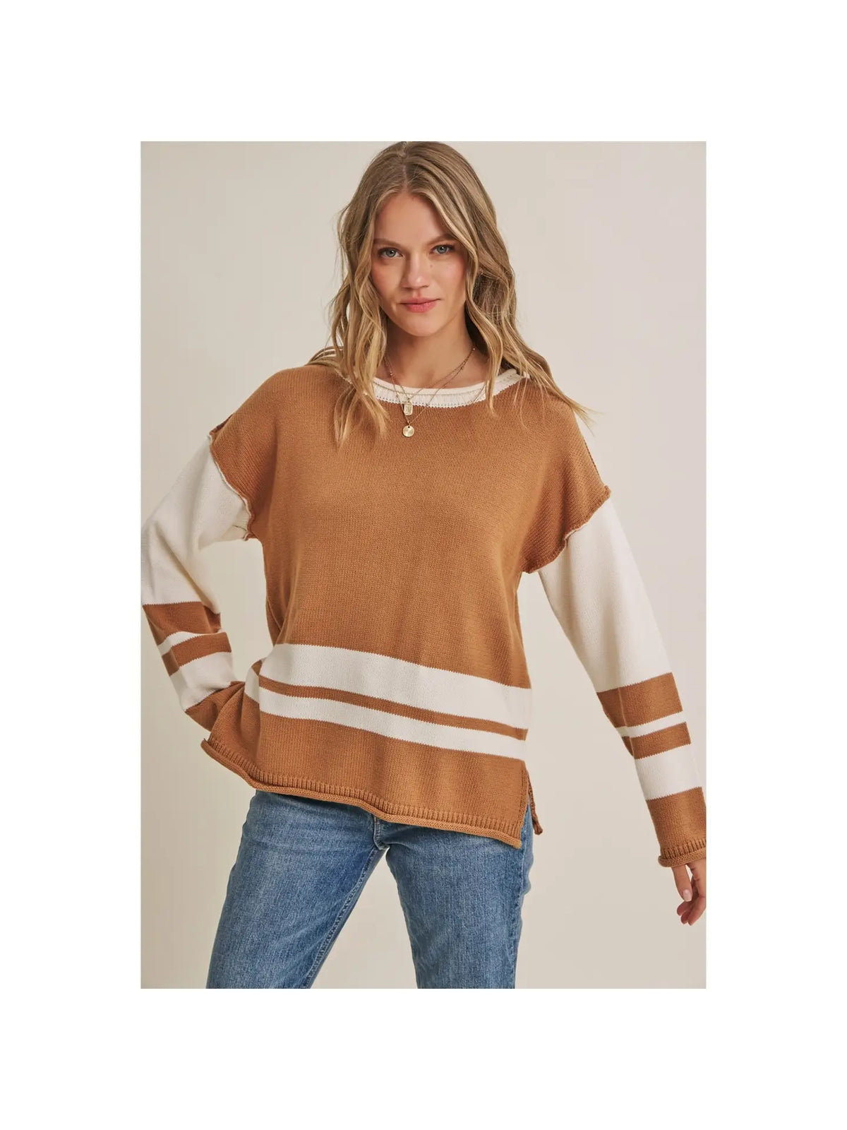 camel color striped relaxed fit womens sweater at the rustic barn in killingworth ct