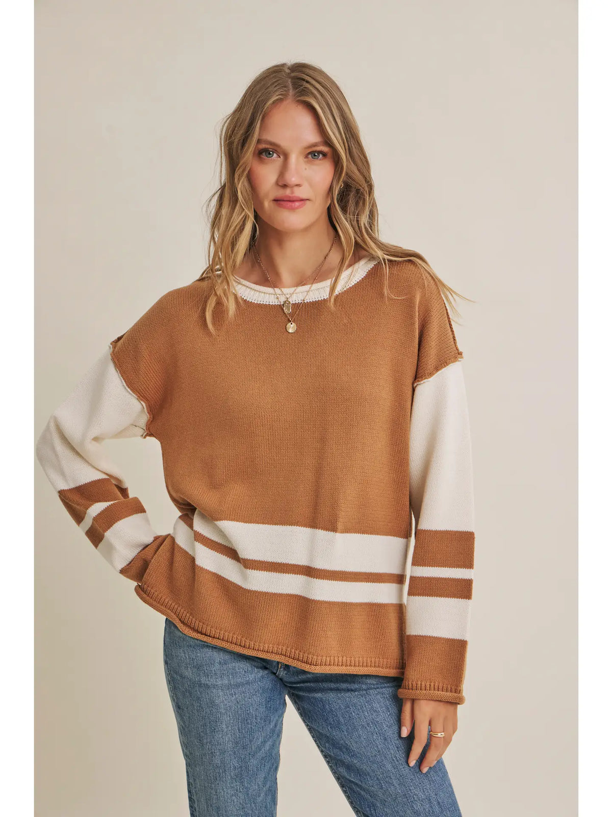 camel color striped relaxed fit womens sweater at the rustic barn in killingworth ct