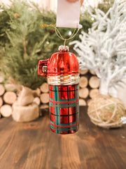 multi-color glass thermos ornament with plaid pattern at The Rustic Barn in Killingworth CT