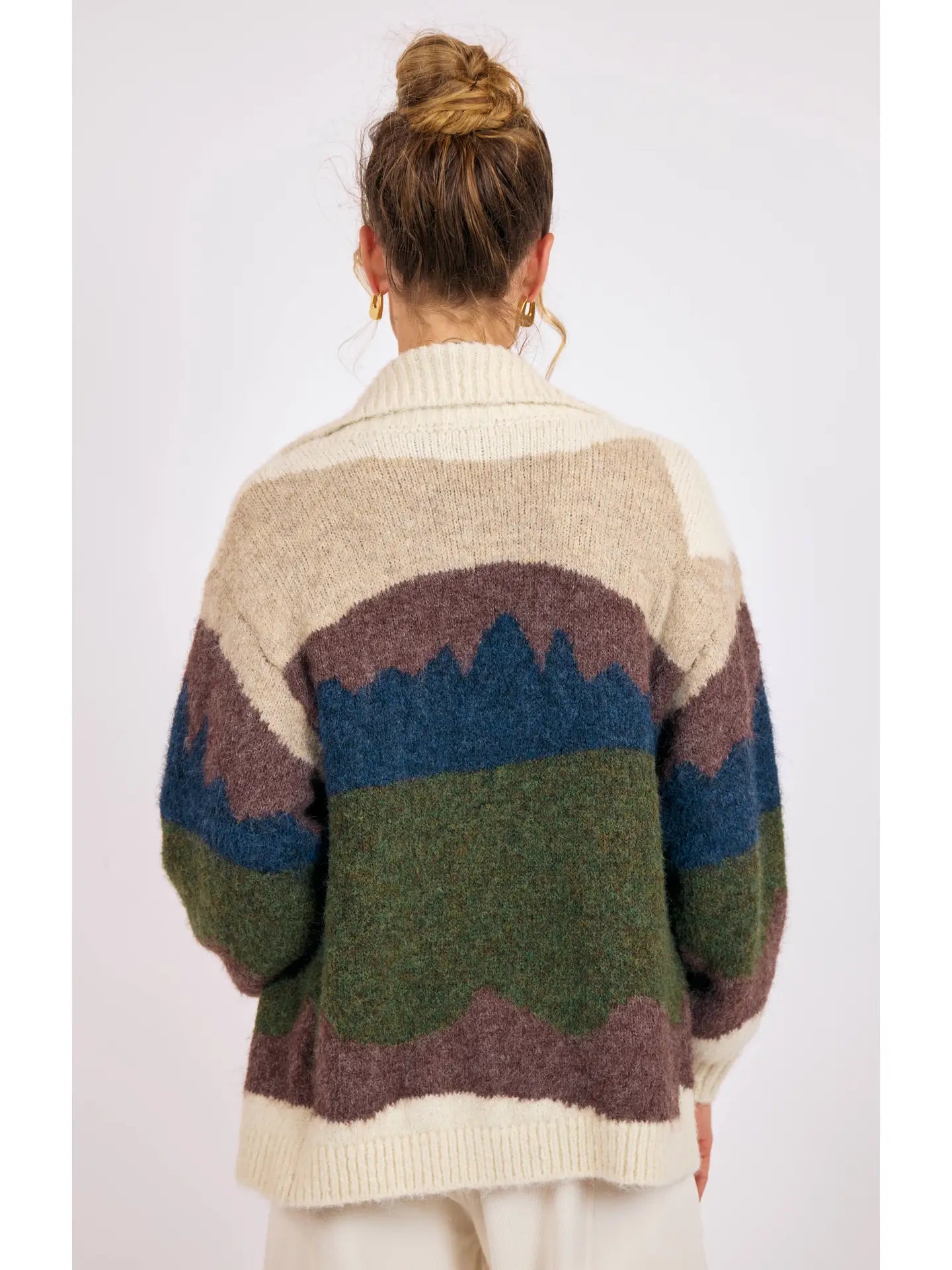 open cardigan with collar and a landscape print on it at the rustic barn in killingworth ct