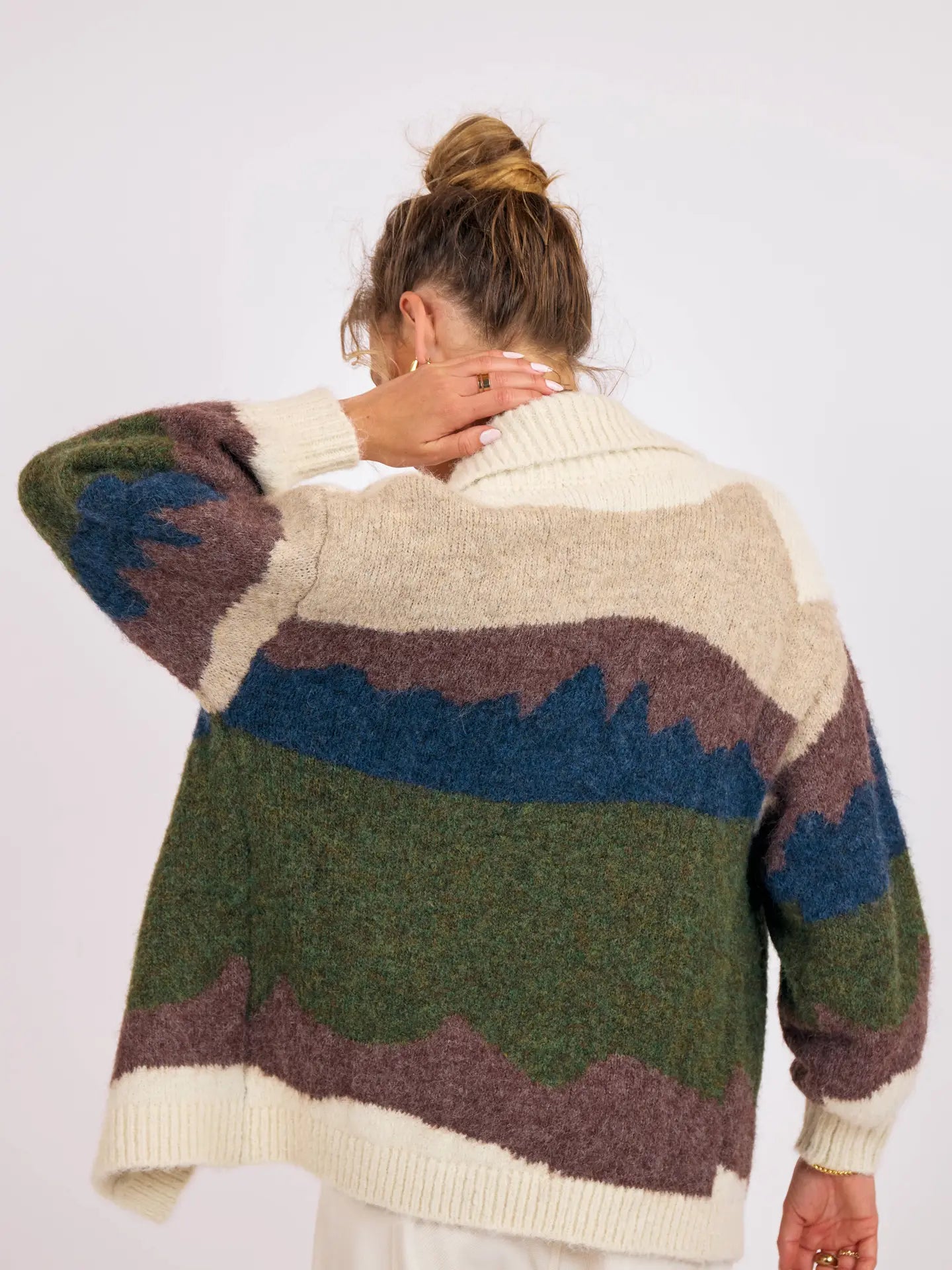 open cardigan with collar and a landscape print on it at the rustic barn in killingworth ct