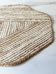 natural and white cotton and jute octagon shaped placemat at the rustic barn in killingworth ct 