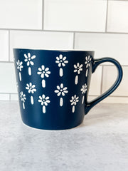 navy and white floral coffee mug at the rustic barn in killingworth ct