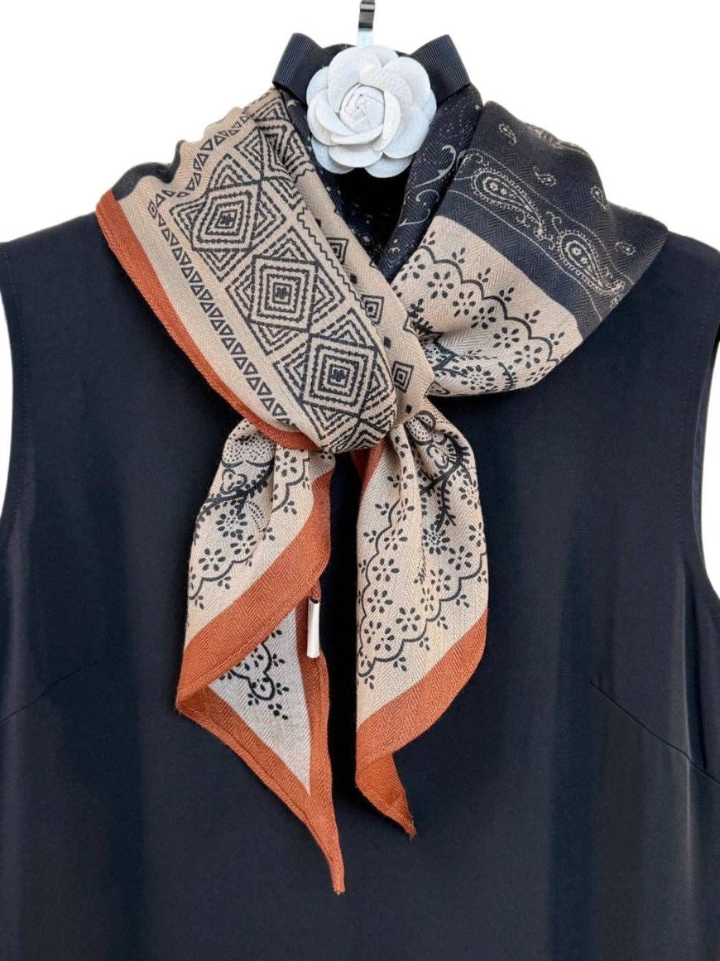 navy blue boho floral printed scarf at the rustic barn in Killingworth ct