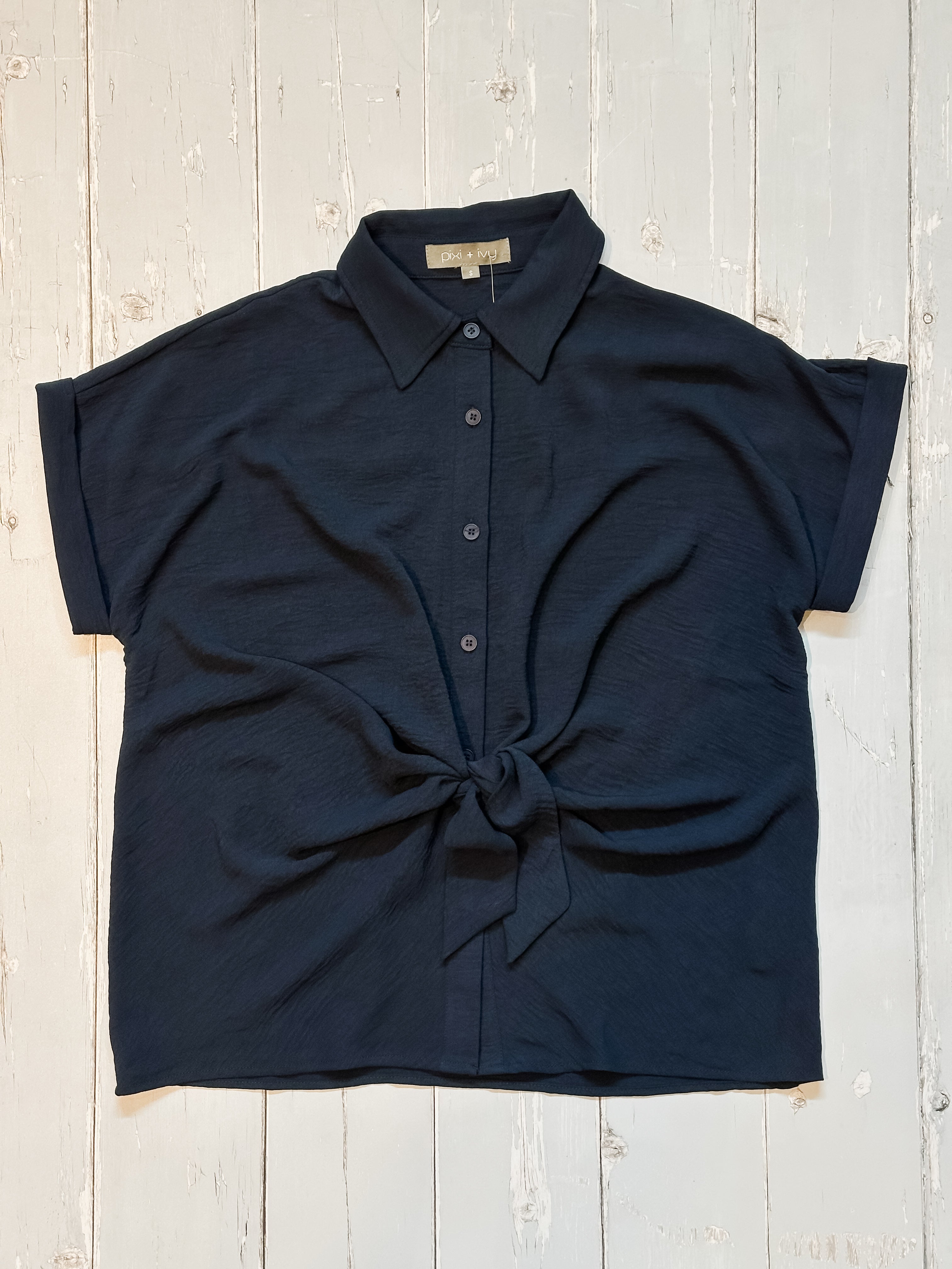 Navy Short-Sleeve Tie Front Top at the Rustic Barn in Killingworth, CT