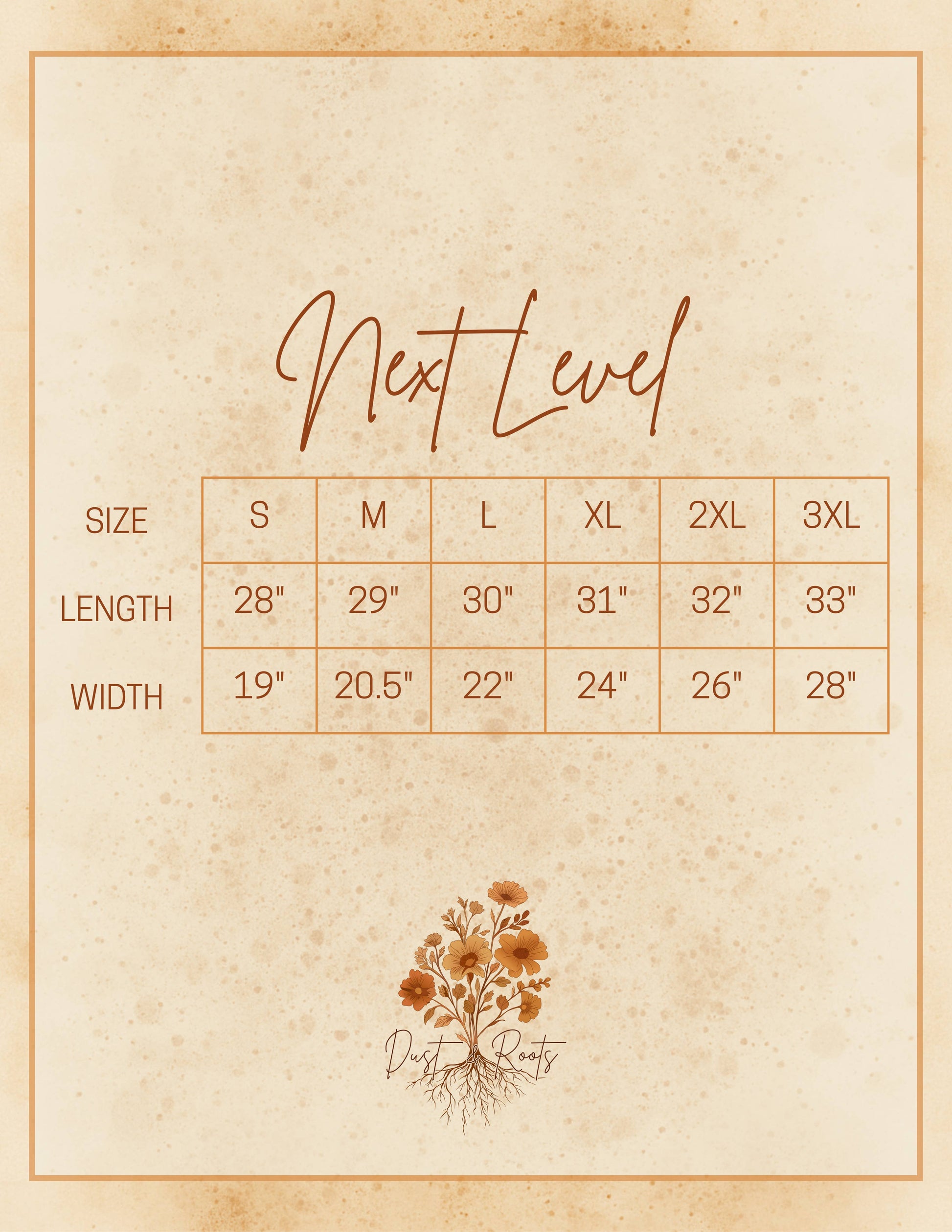 size chart for next level at the rustic barn in Killingworth ct