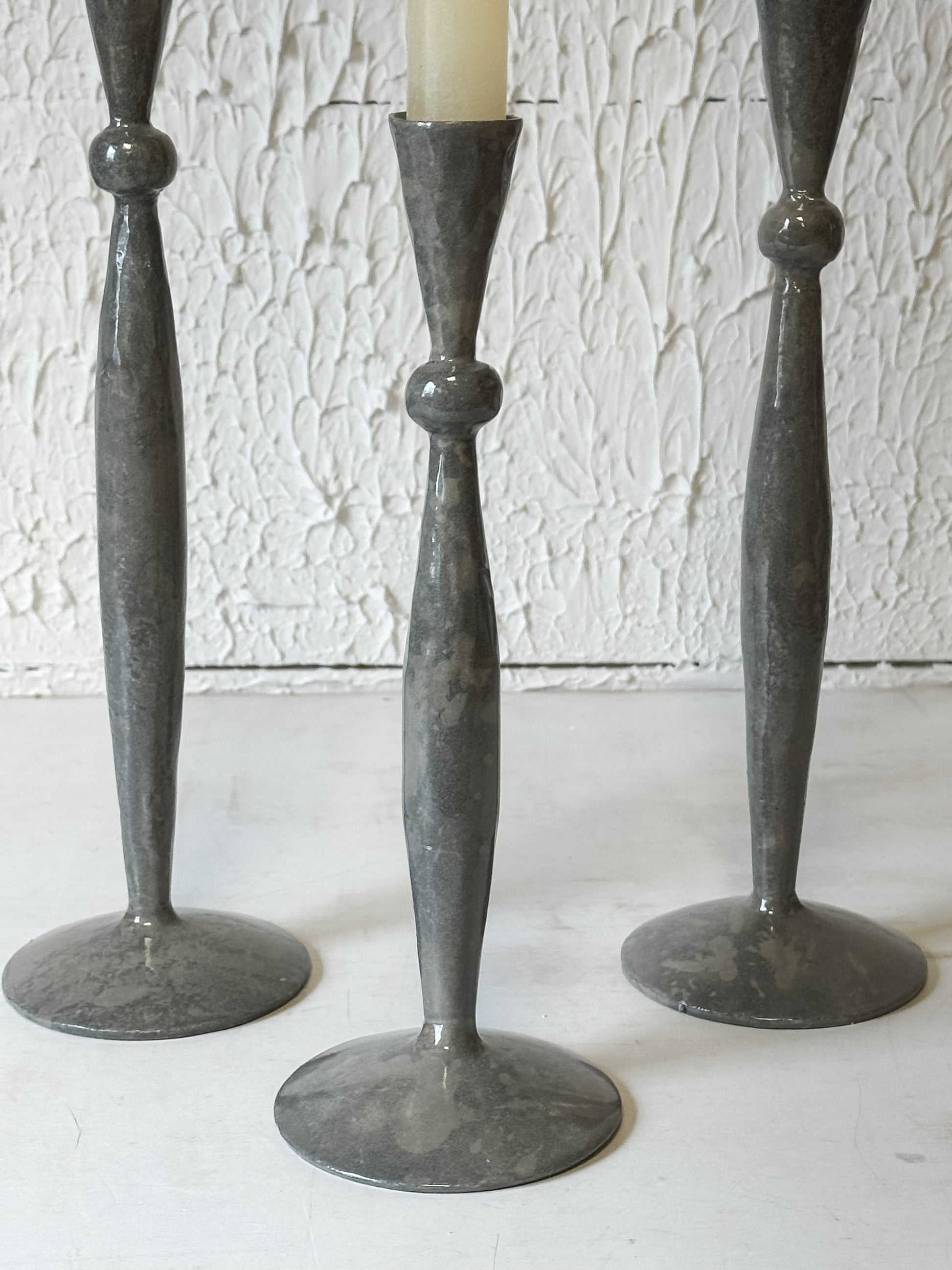 Nordic Gray Enamel Iron Taper Candle Holders at the Rustic Barn in Killingworth, CT