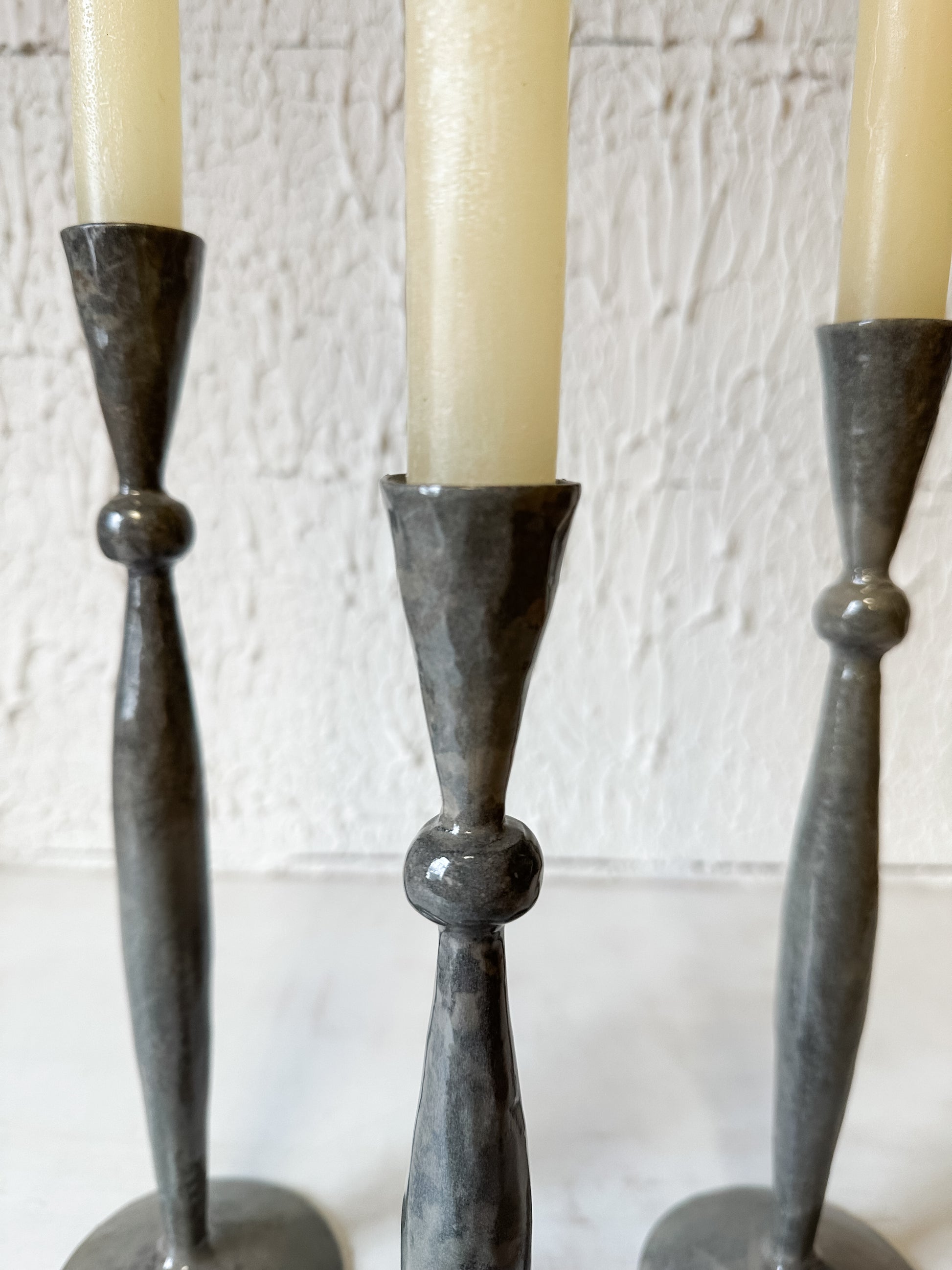 Nordic Gray Enamel Iron Taper Candle Holders at the Rustic Barn in Killingworth, CT
