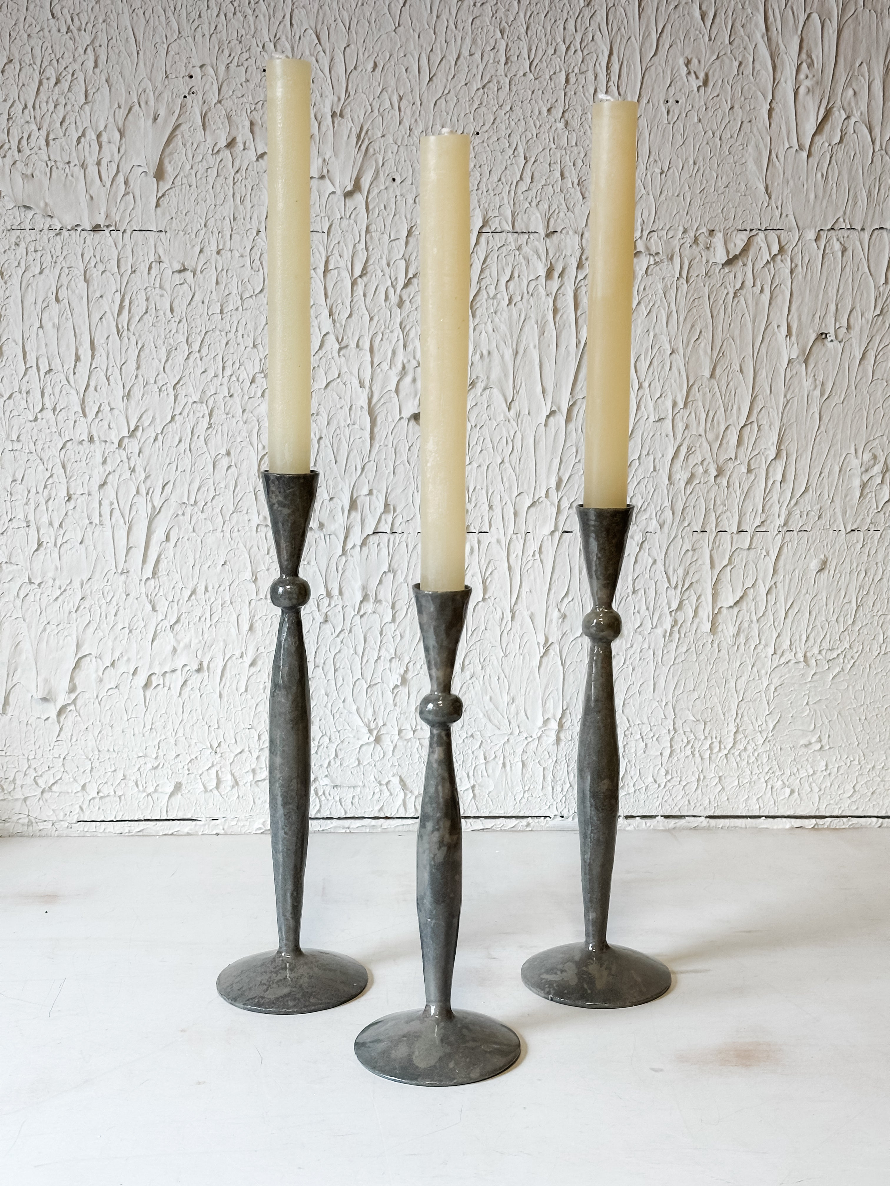 Nordic Gray Enamel Iron Taper Candle Holders at the Rustic Barn in Killingworth, CT