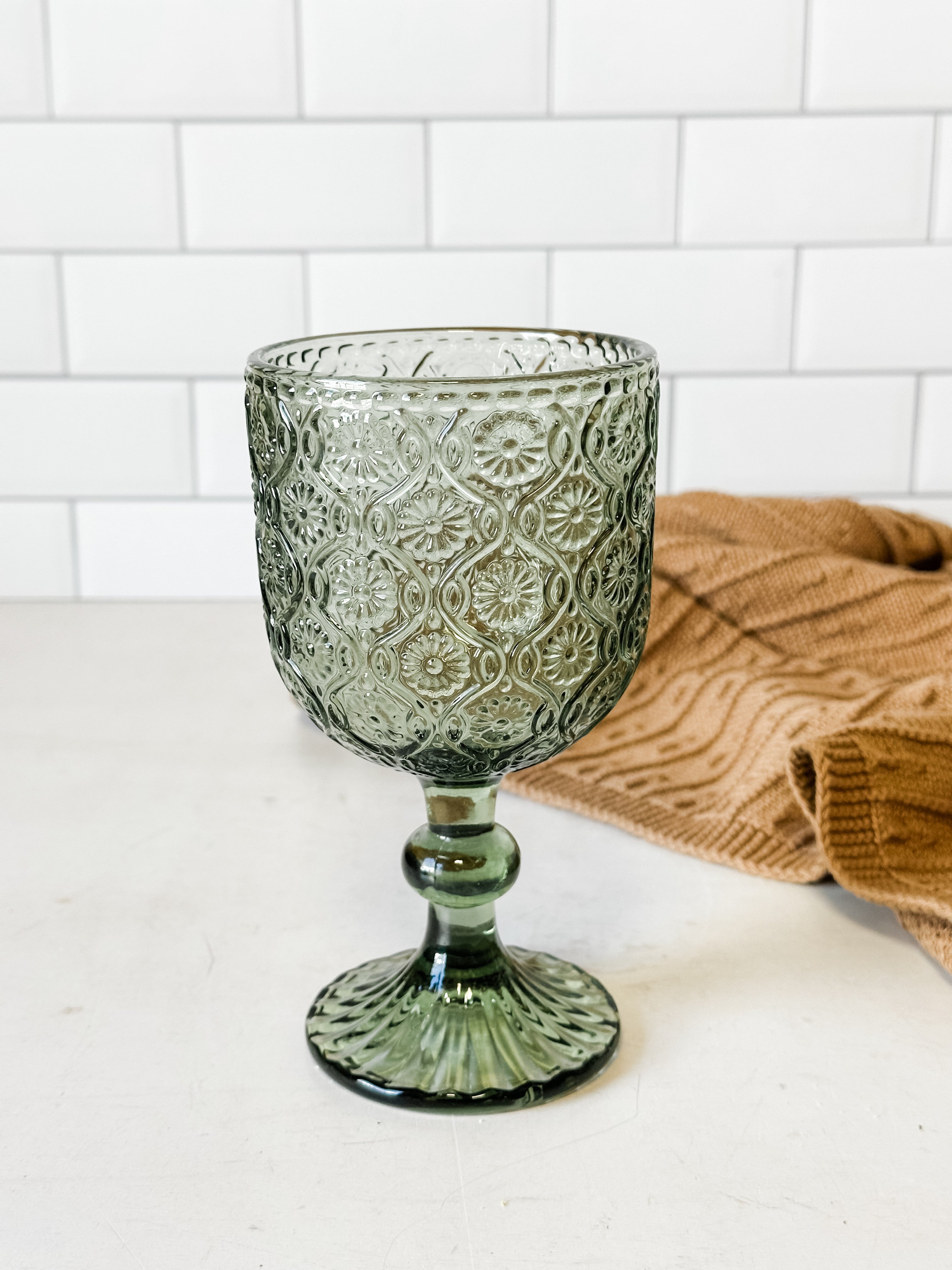 Olive Green Daisy Vintage Embossed Wine Glass at the Rustic Barn in Killingworth, CT
