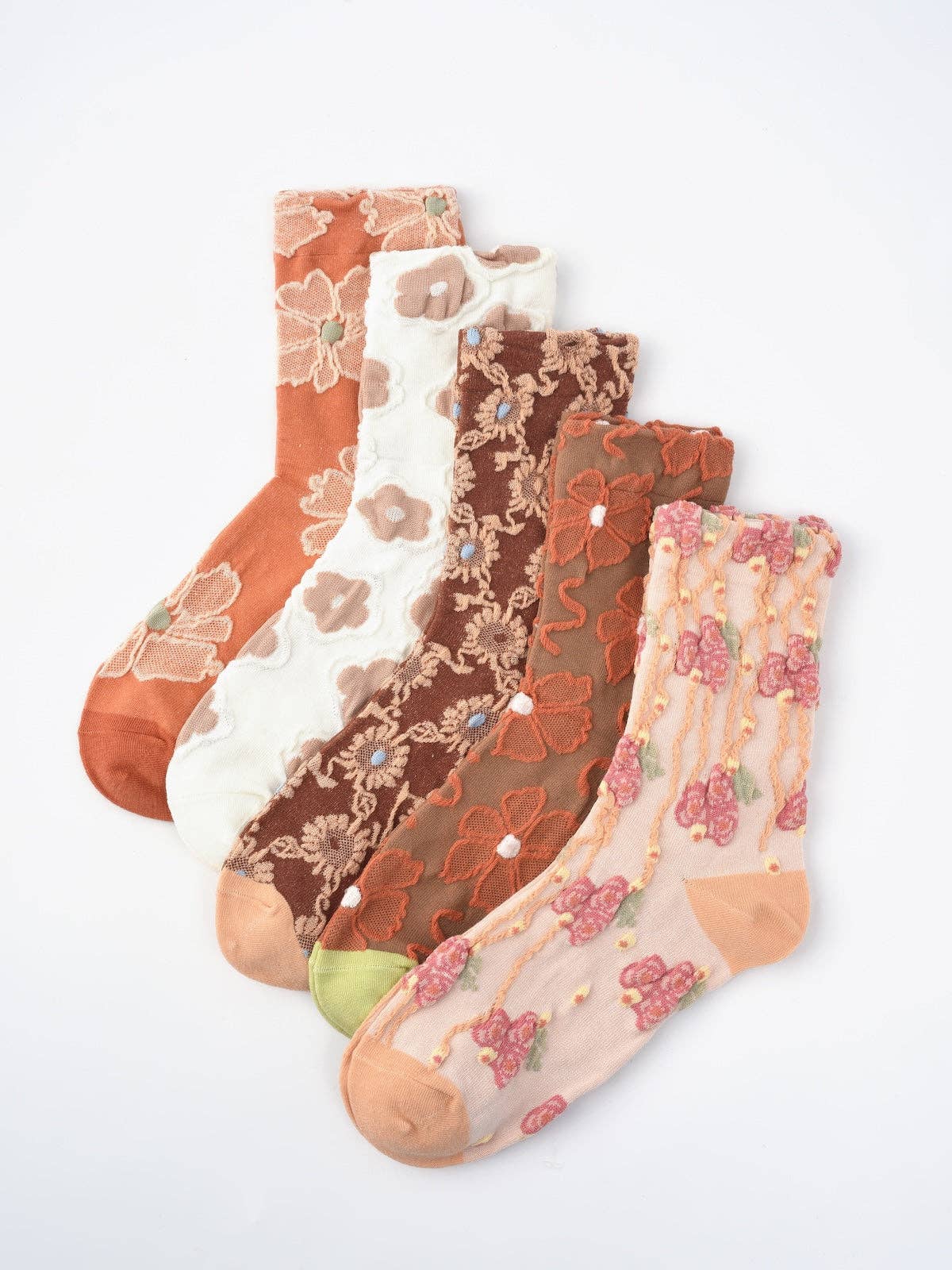 Rufia Orange 3D Floral Embossed Mesh Socks – Apricot & Rust Jacquard