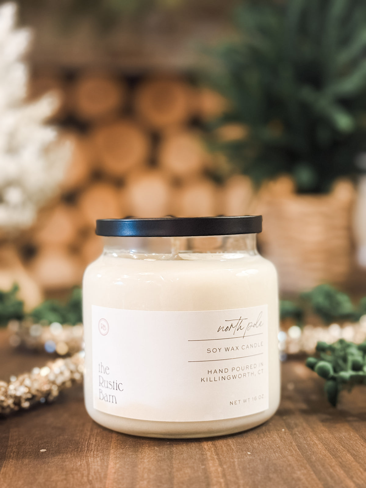 orange spice, fire and pine scented hand-poured 16 ounce soy candle at The Rustic Barn in Killingworth CT