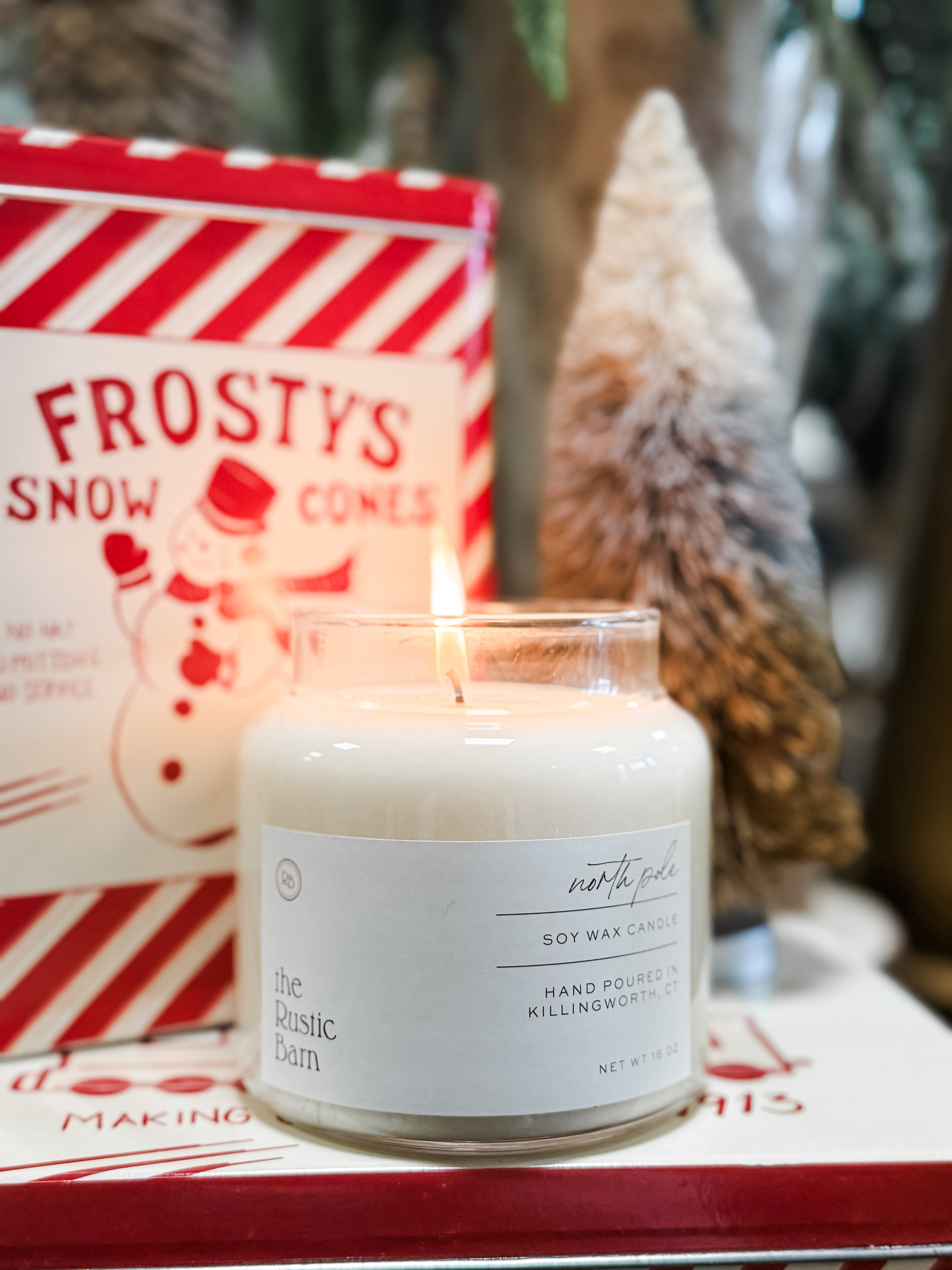 orange spice, fire and pine scented hand-poured 16 ounce soy candle at The Rustic Barn in Killingworth CT