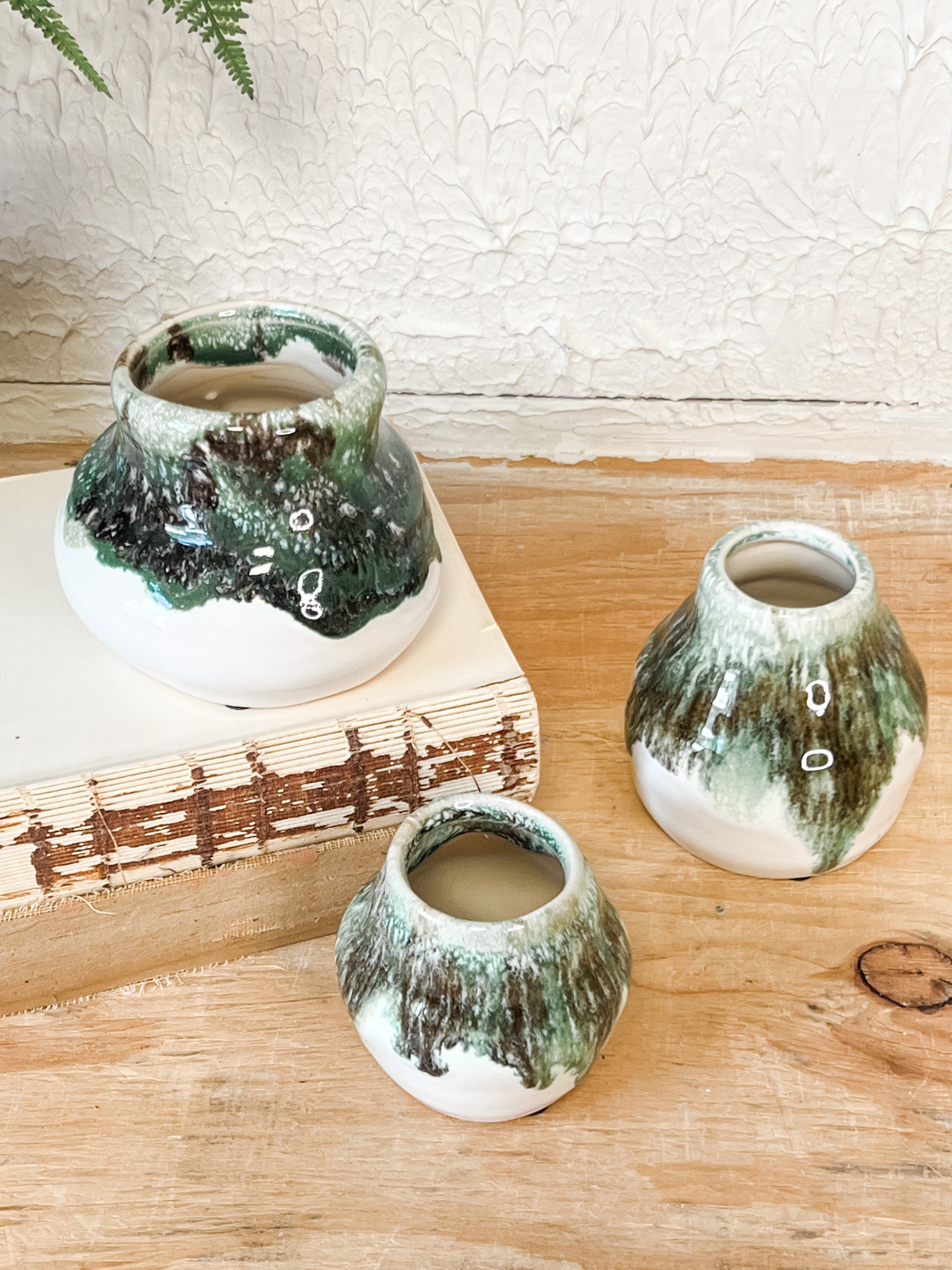 organic green terra-cotta bud vases at the rustic barn in killingworth ct