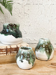 organic green terra-cotta bud vases at the rustic barn in killingworth ct