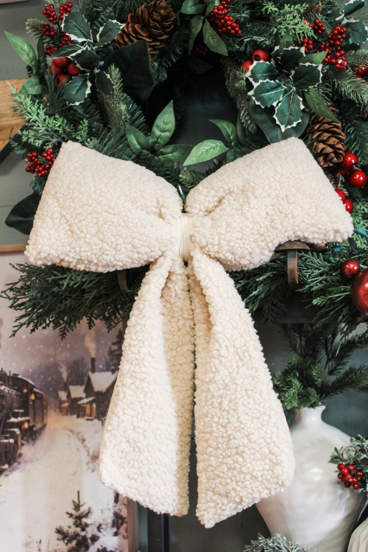 Oversized cream clip on decorative bow for christmas 21 inches long for the holidays sherpa style for sale at the rustic barn in Killingworth, CT