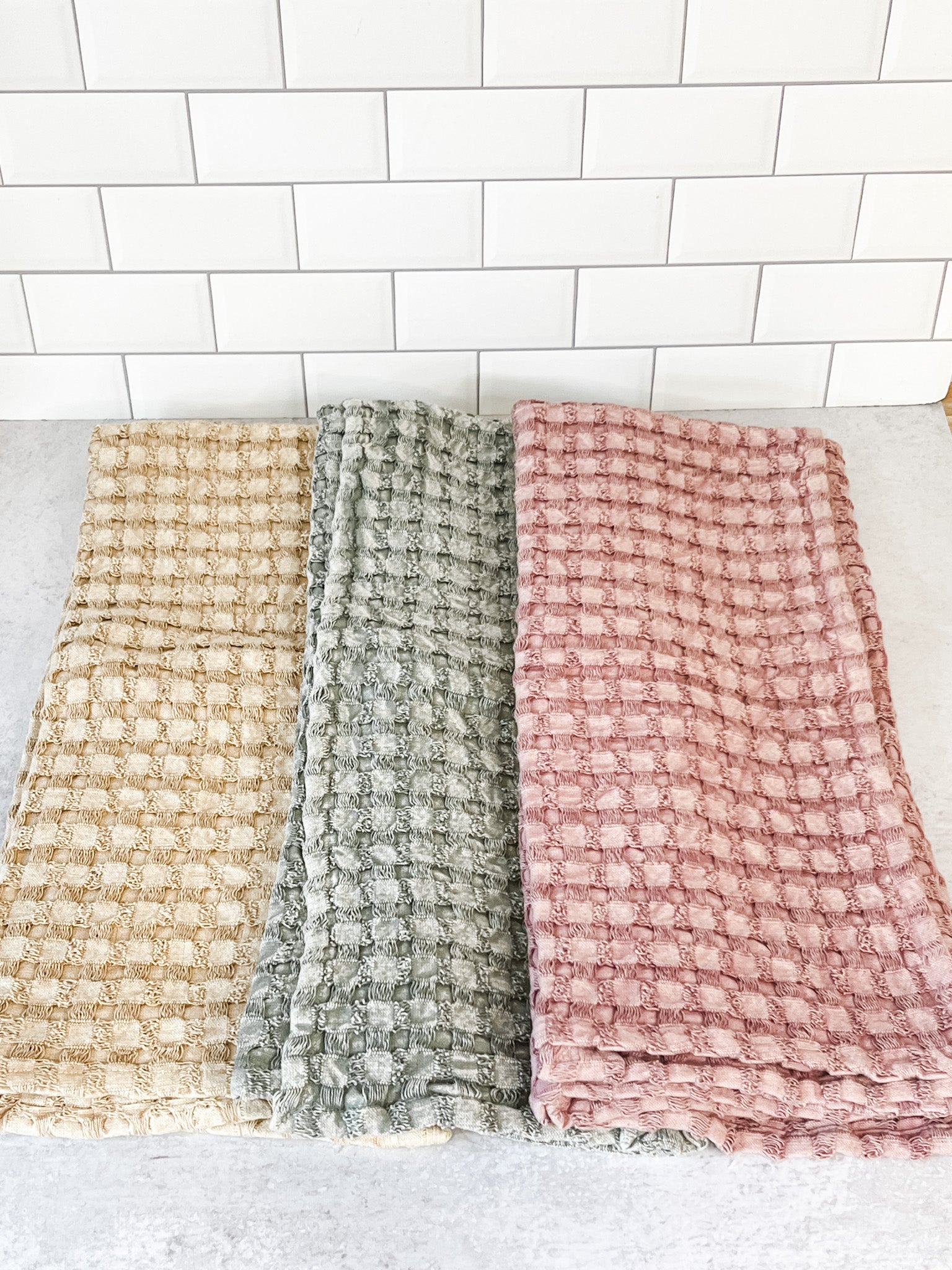 oversized stonewahed cotton waffle weave tea towels at the rustic barn in killingworth ct
