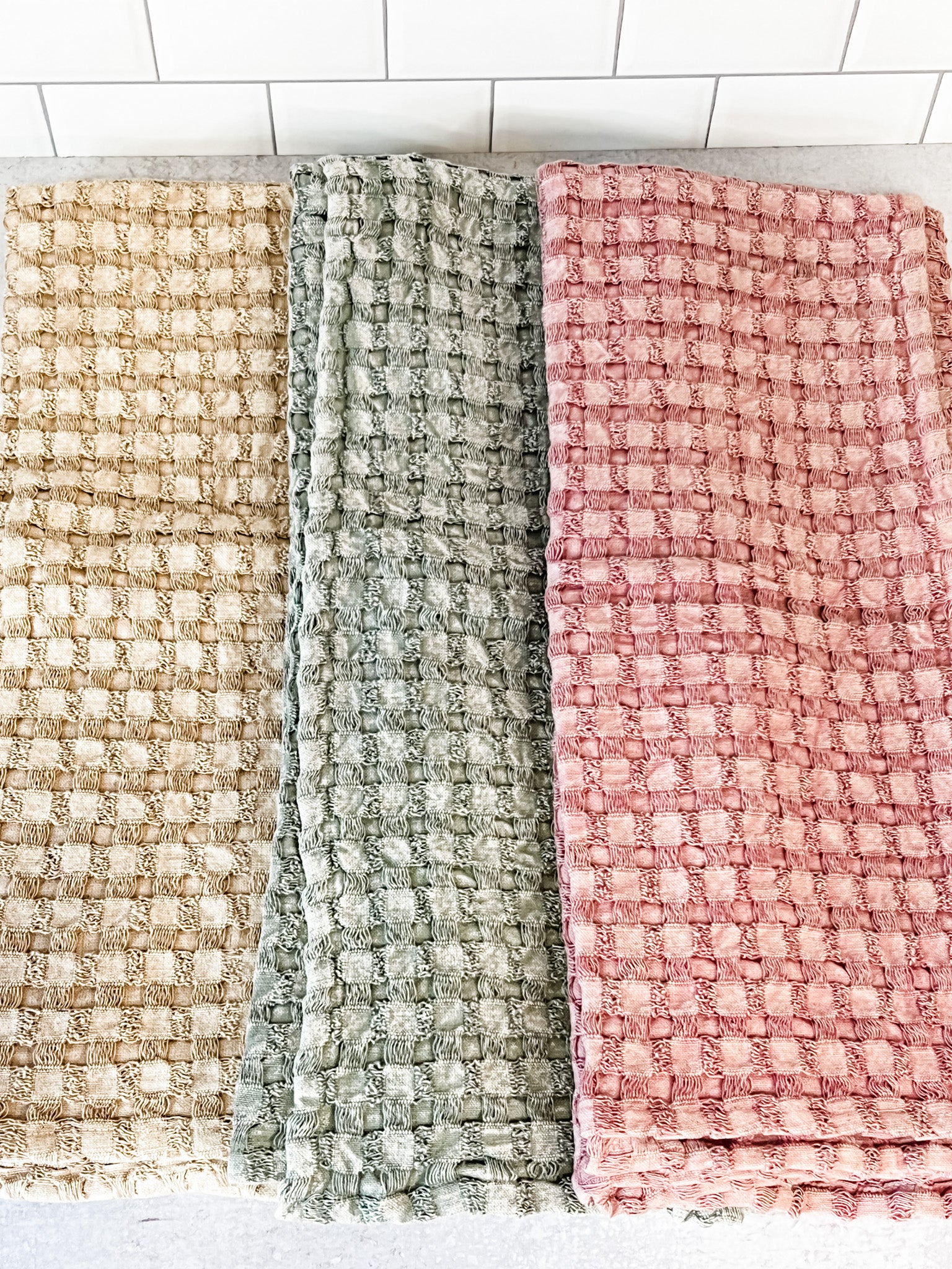 oversized stonewahed cotton waffle weave tea towels at the rustic barn in killingworth ct