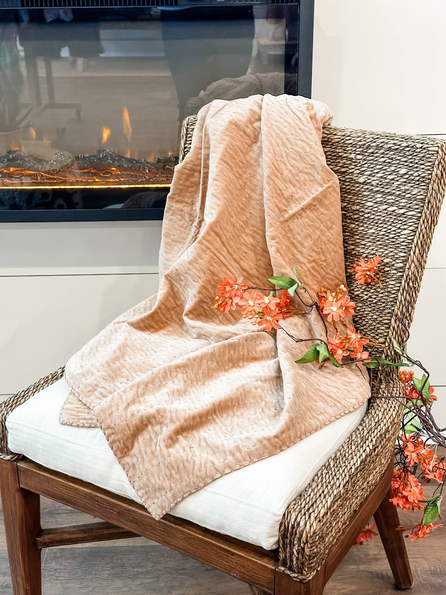 peach cotoon velvet kantha stitch throw blanket at the rustic barn in killingworth ct
