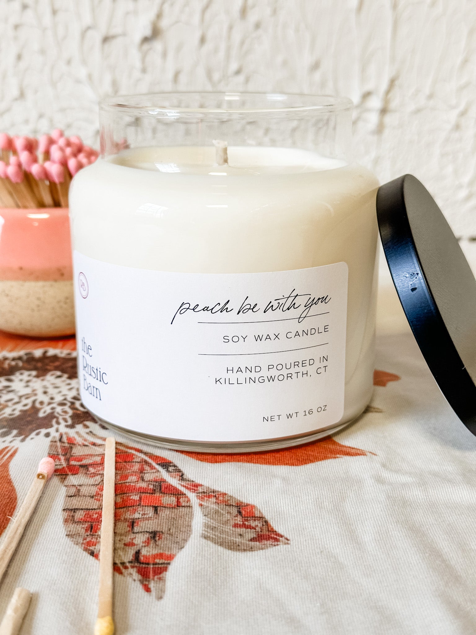 peach nectar hand-poured soy candles at the rustic barn in killingworth ct