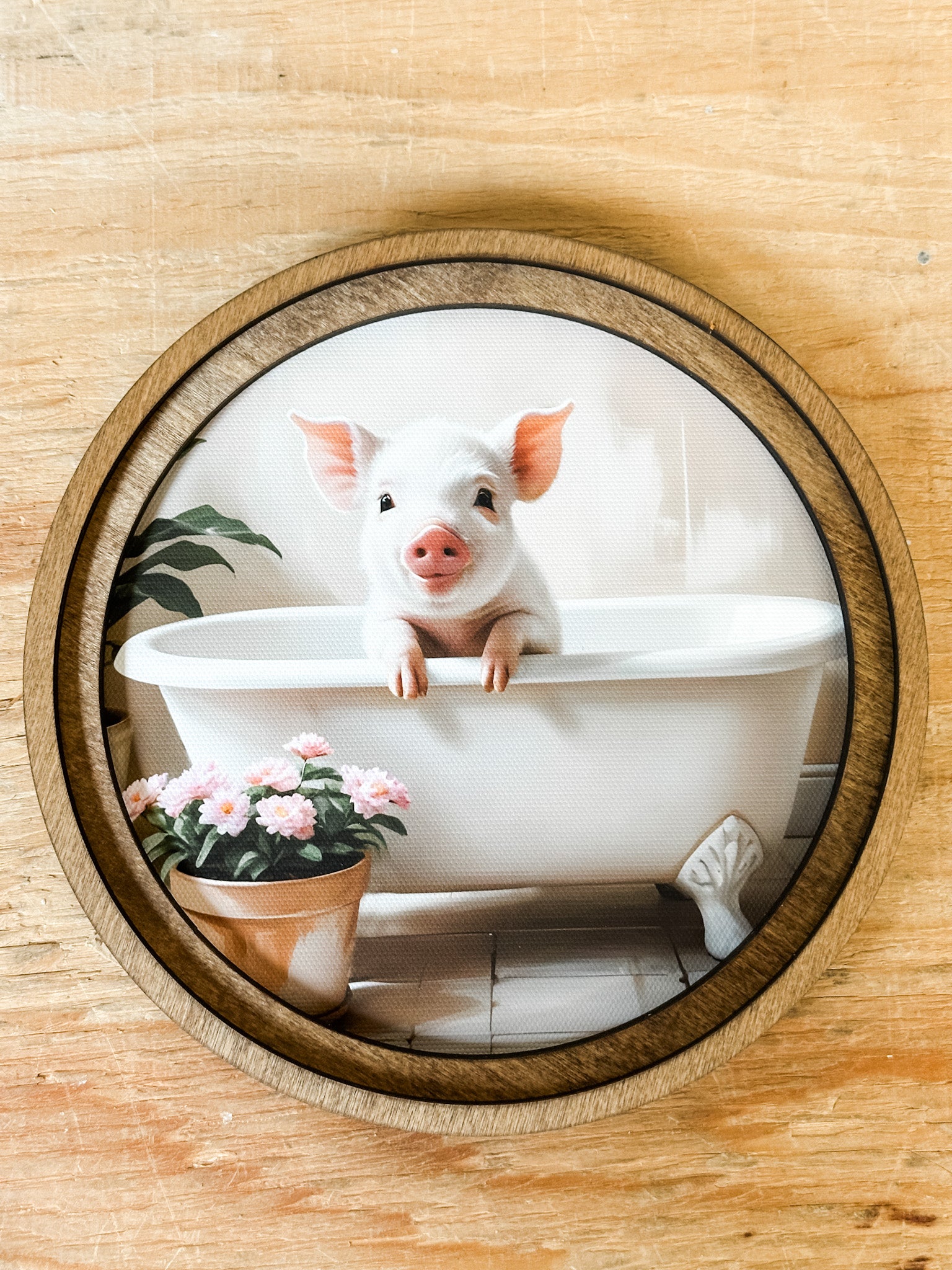 pig in bathtub round framed print at the rustic barn in killingworth ct