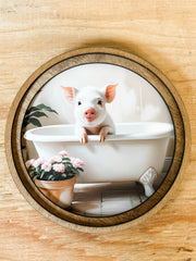 pig in bathtub round framed print at the rustic barn in killingworth ct