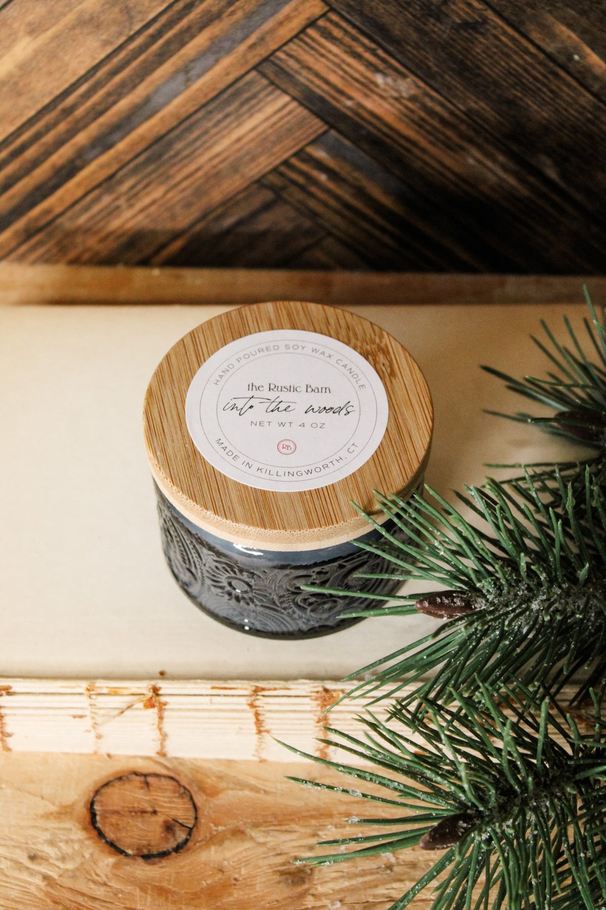 evergreen sprue and moss hand-poured 4 ounce soy candle at The Rustic Barn in Killingworth CT